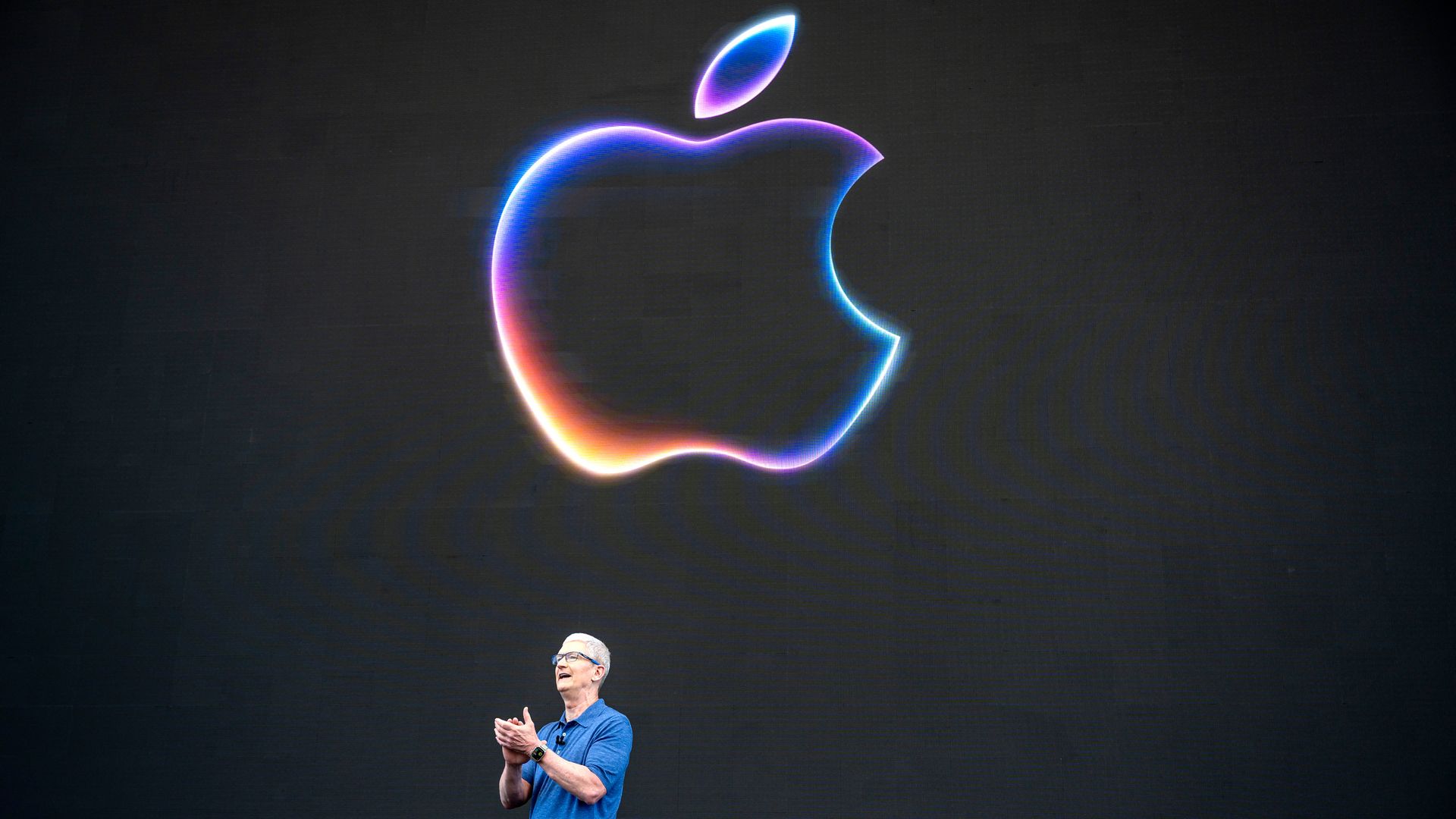 Tim Cook, chief executive officer of Apple Inc., during the Apple Worldwide Developers Conference at Apple Park campus in Cupertino, California, US, on Monday, June 10, 2024. The conference will show whether Apple Inc. can become a major player in the burgeoning field of artificial intelligence, mar
