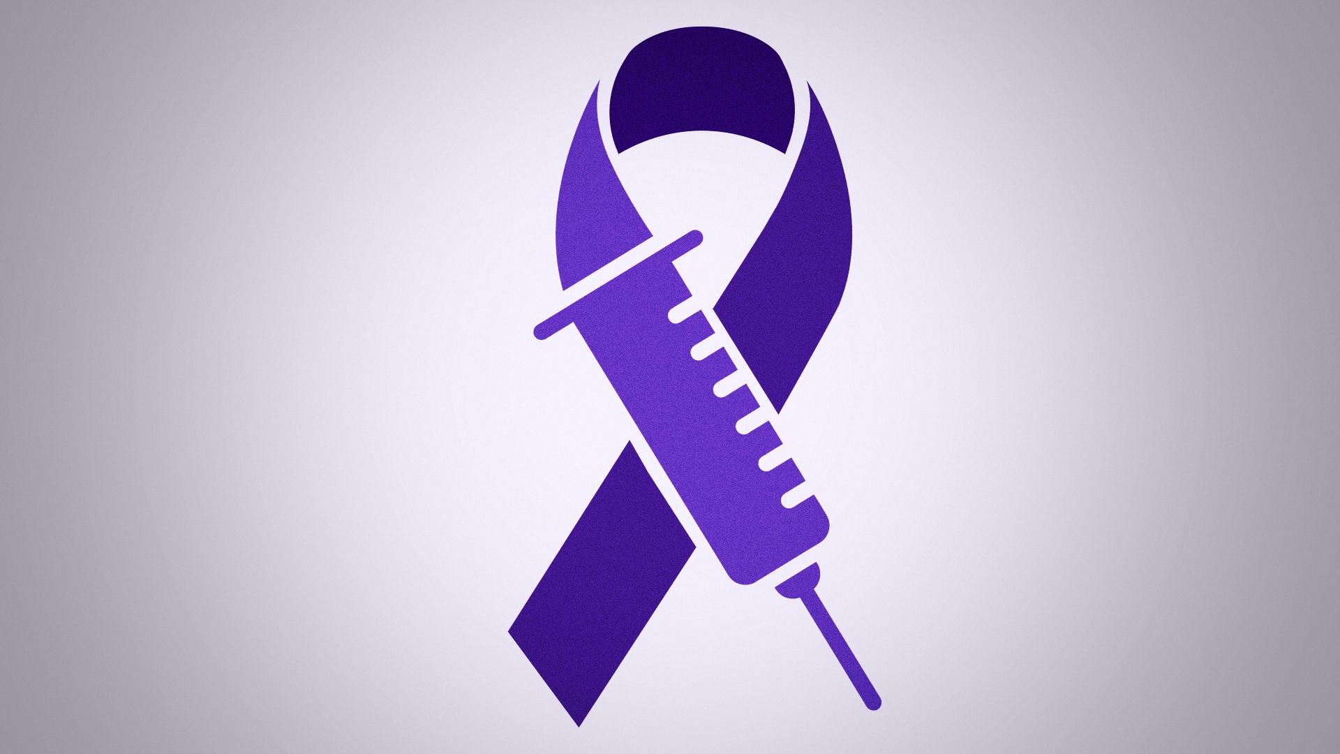 Illustration of a purple Pancreatic cancer ribbon merged with a vaccine syringe.