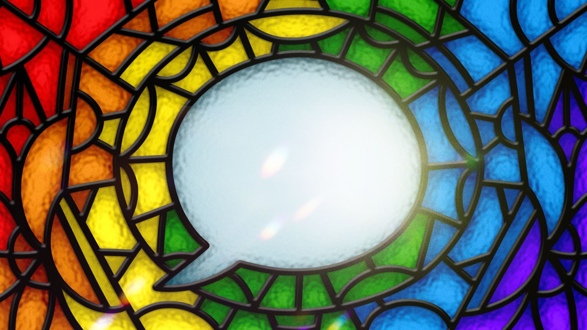 Illustration of a stained glass church window showing rainbow colors and a speech bubble.
