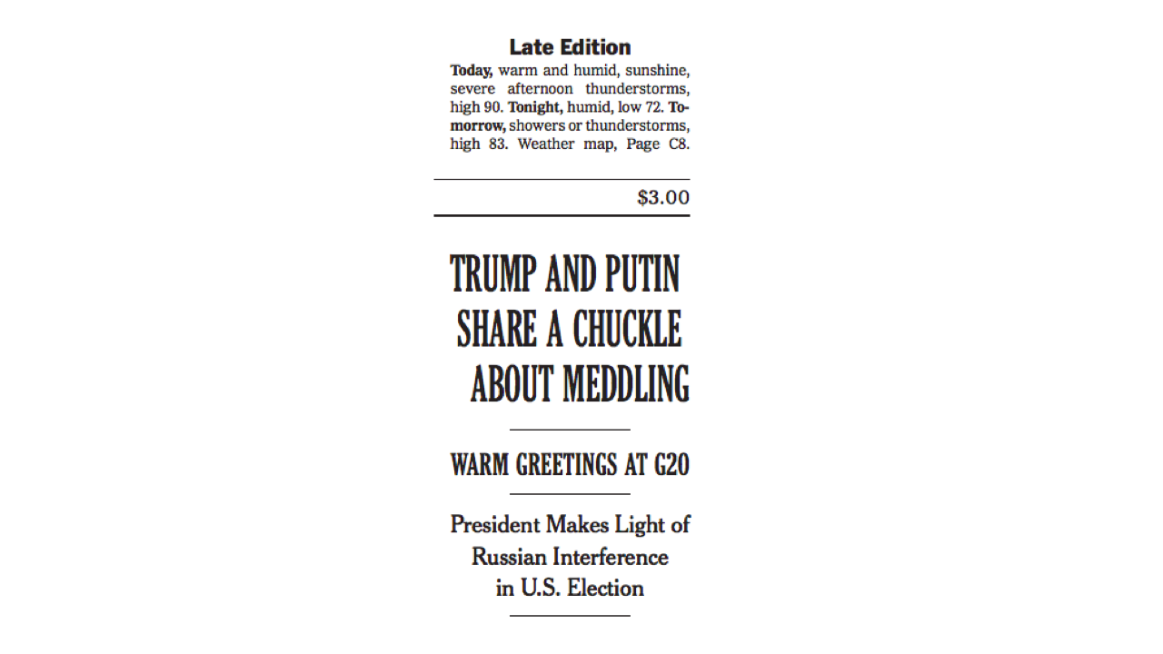 This image of a NYT headline says "Trump and Putin share a chuckle about meddling"