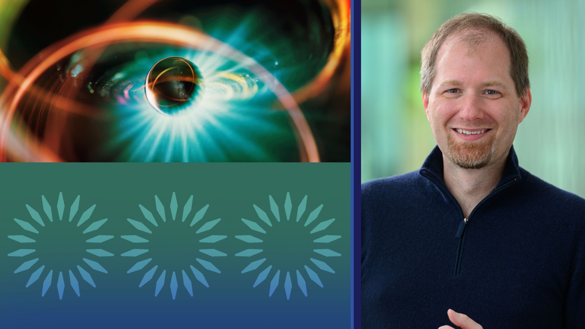 Photo illustration of CEO of Commonwealth Fusion Systems, Bob Mumgaard next to copies of the company logo and an image representing fusion energy