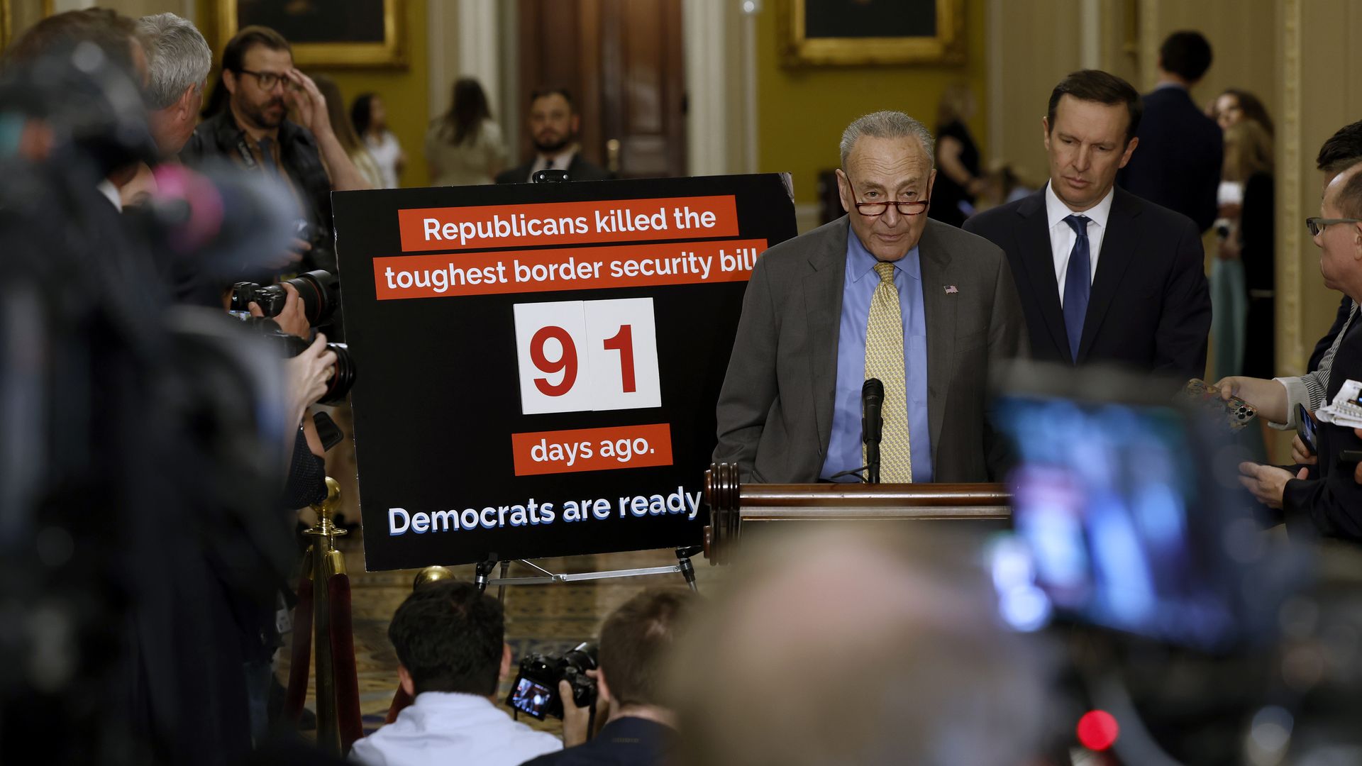  Senate Majority Leader Chuck Schumer (D-NY) speaks during a news conference following a Senate Democrat party policy luncheon at the U.S. Capitol Building 