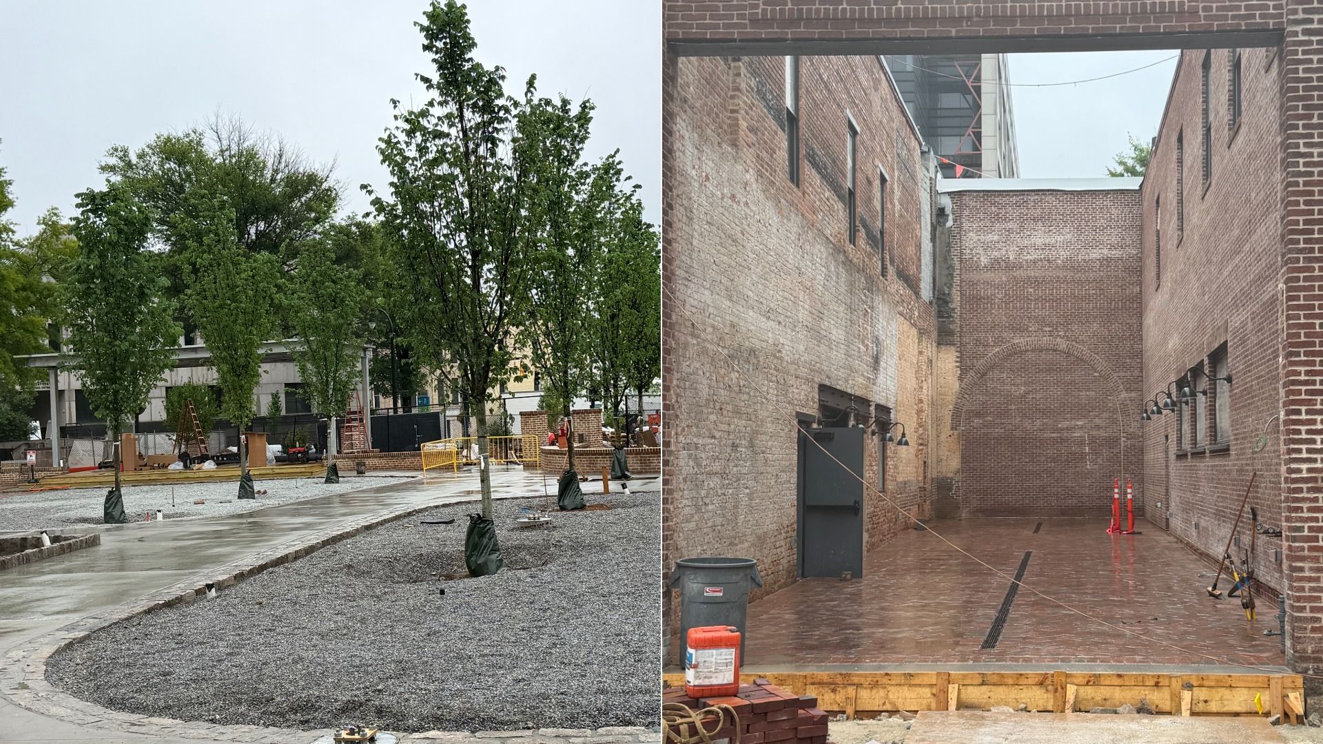 Split image: left shows a tree-lined construction site with gravel, ladders, and fencing; right shows a brick-walled indoor passage with arches, a wet floor, string lights, and orange caution cones.