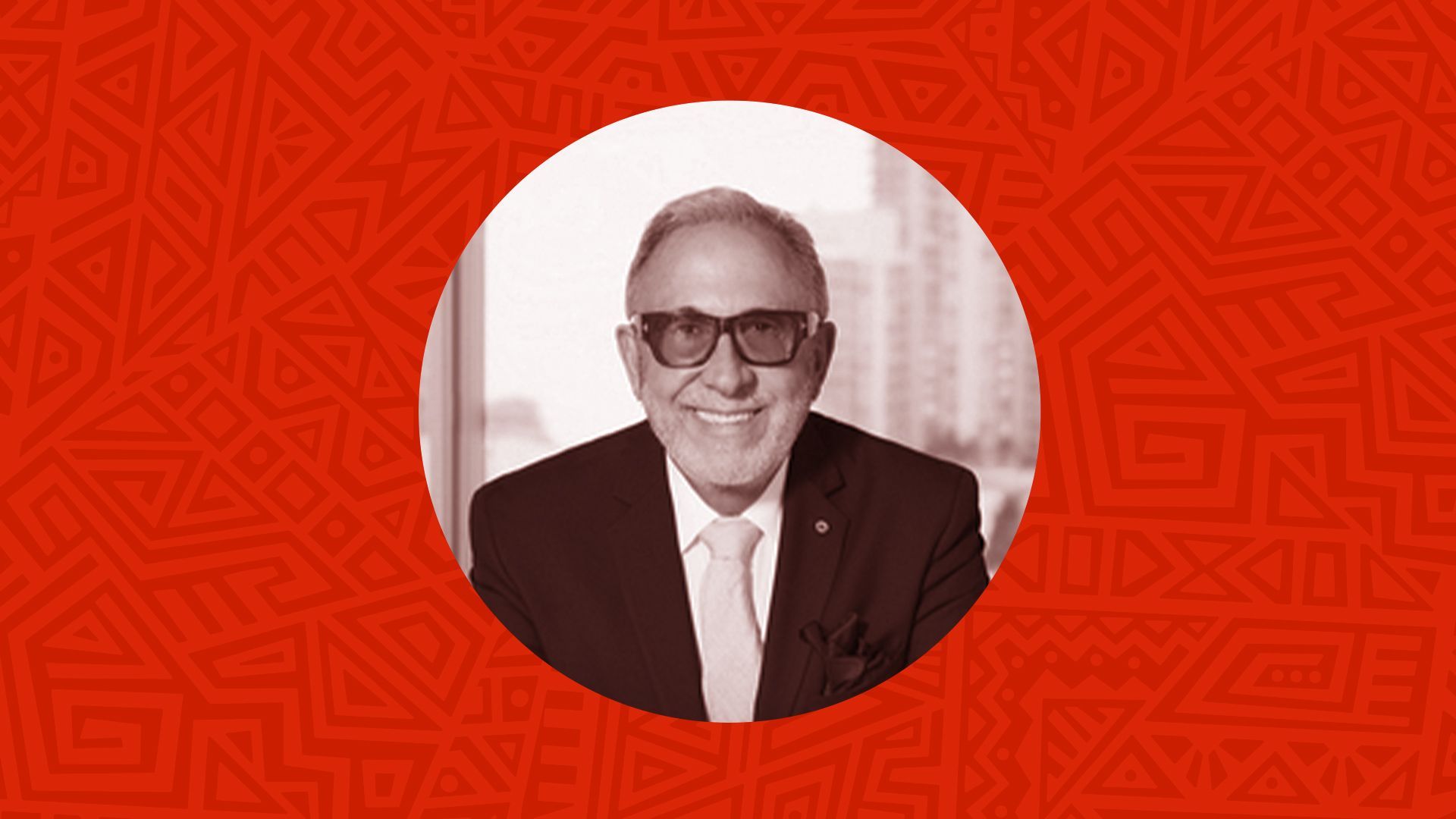 Photo illustration of Emilio Estefan in a circular frame surrounded by a patterned background.