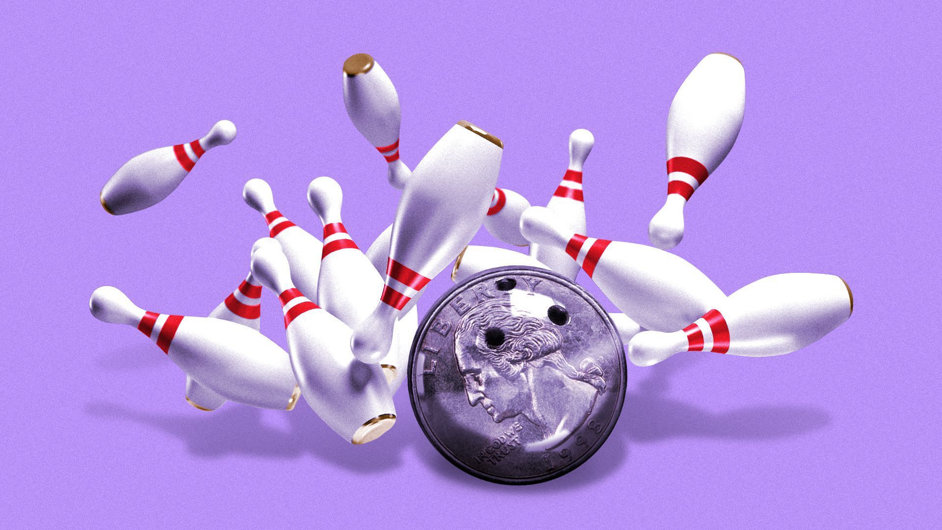 Quarter as a bowling bowl striking pins