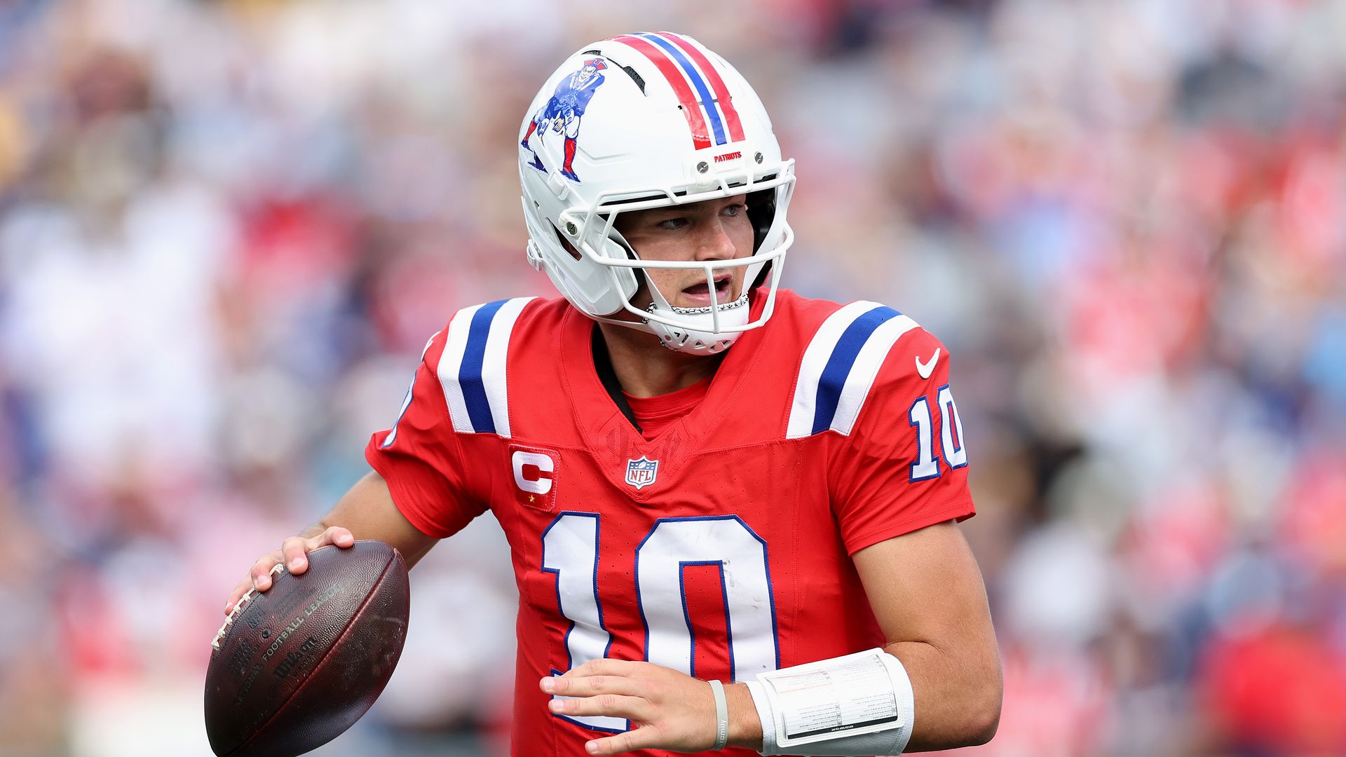 New England Patriots quarterback Drake Maye. Photo by Jordan Bank/Getty Images