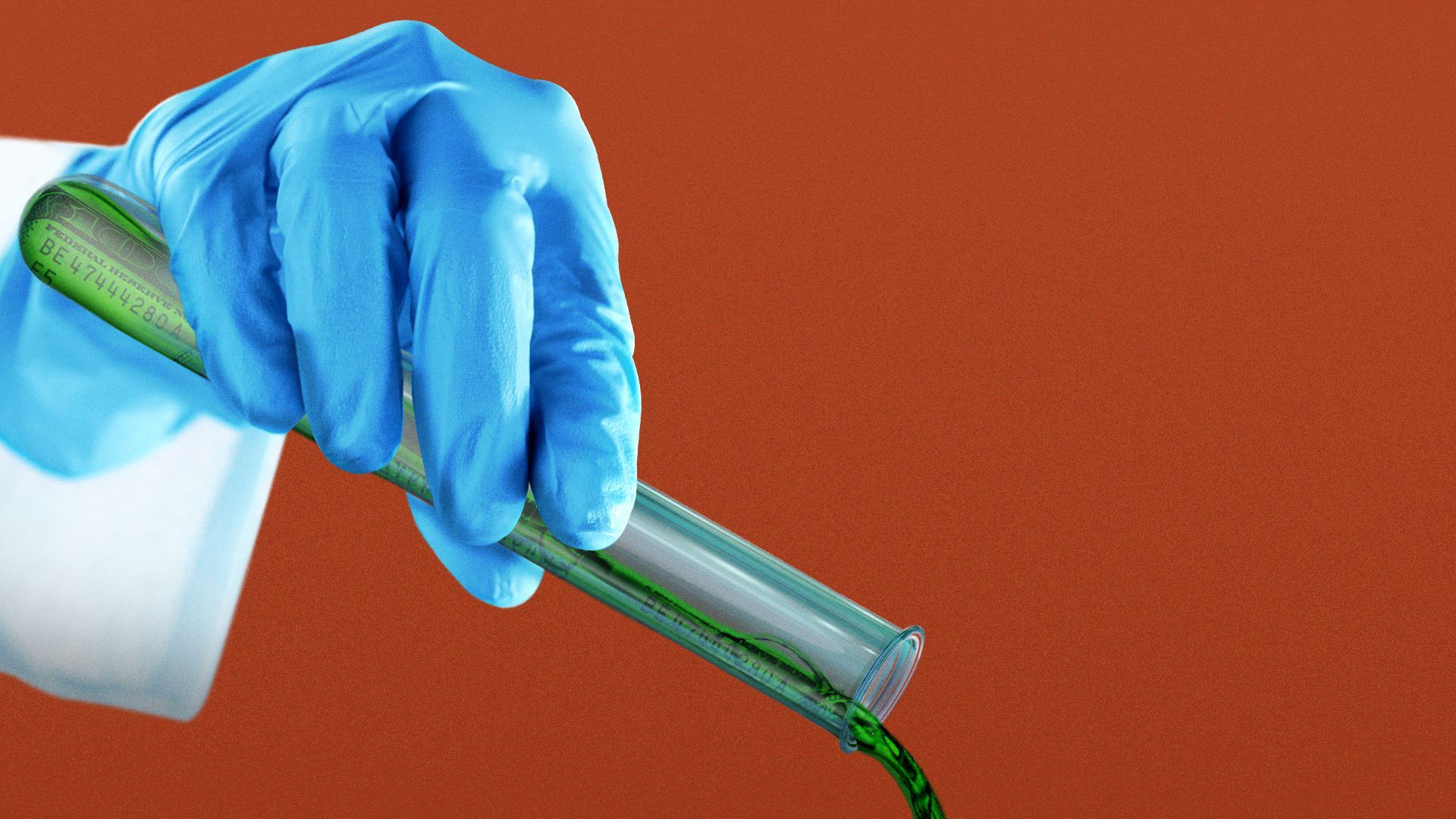 Illustration of a hand pouring out a test tube full of liquid money.