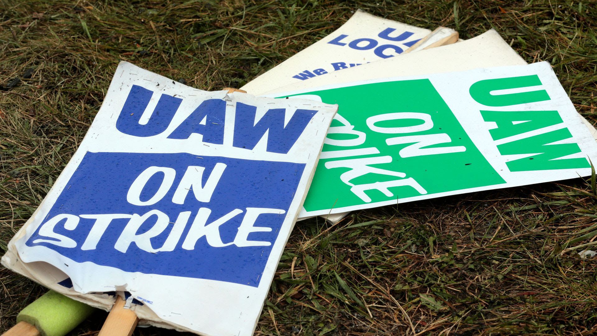 UAW picket signs outside a GM plant in Detroit. Photo: Jeff Kowalsky/AFP via Getty Images