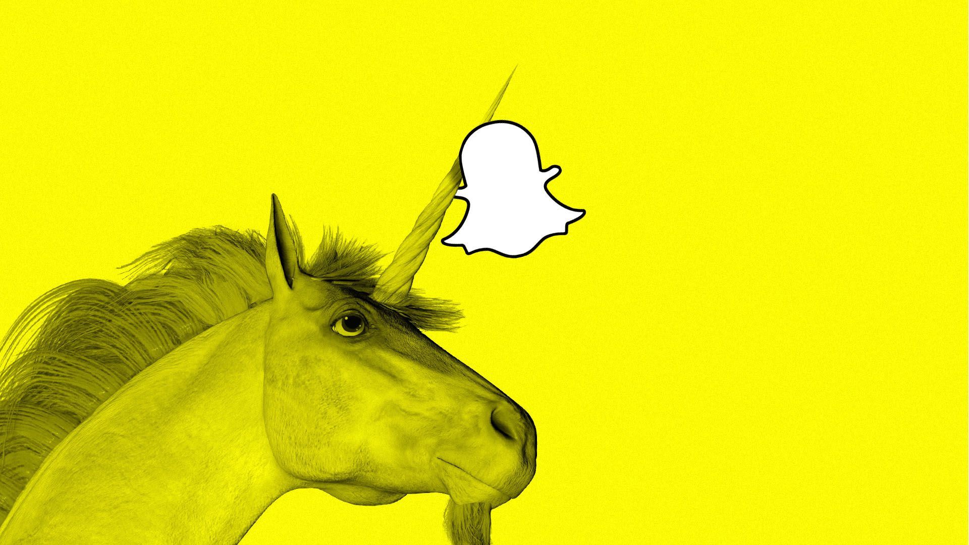 A unicorn carries the Snapchat symbol by its horns