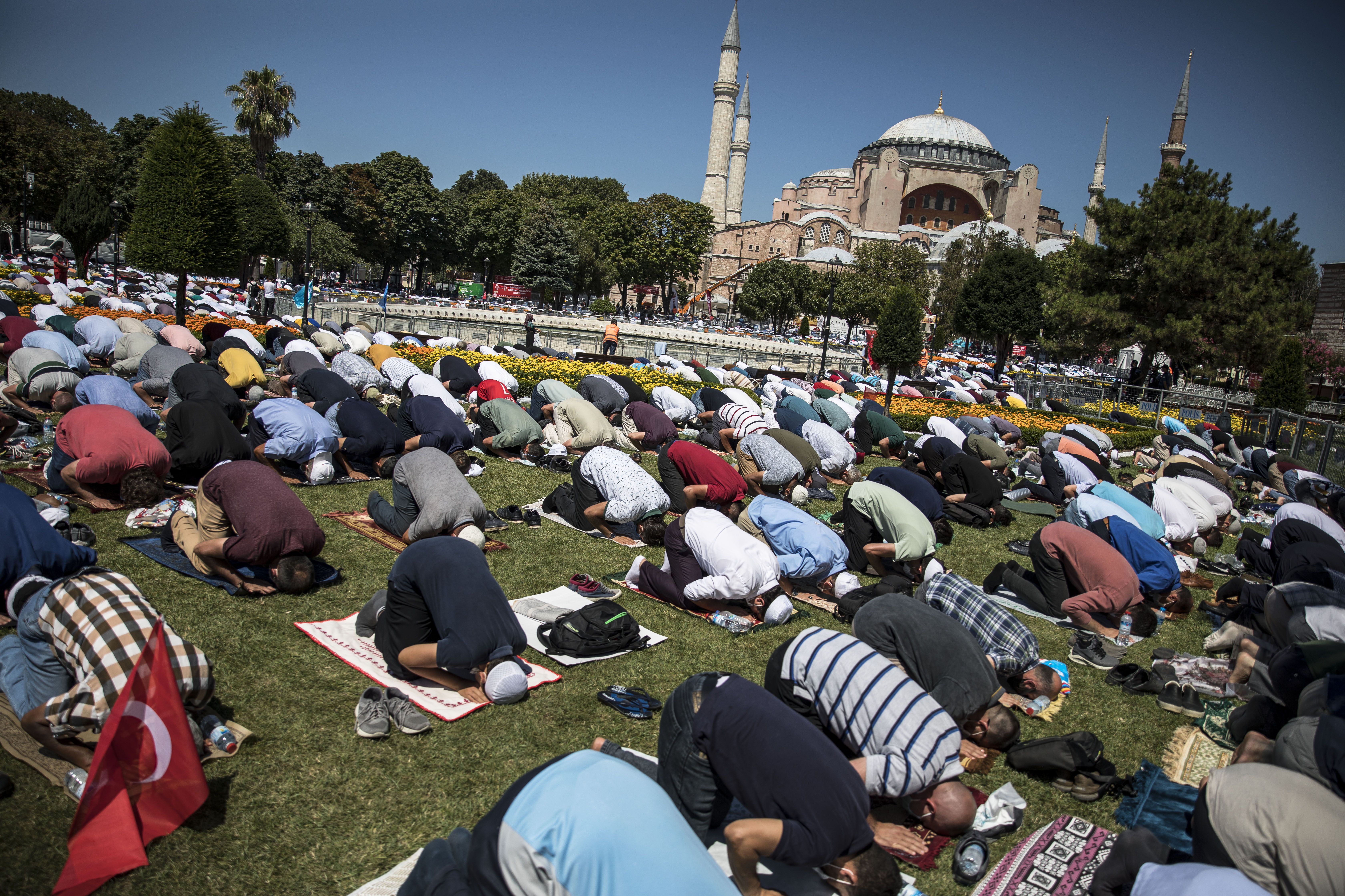 People praying outside Hagia Sophia on July 24.
