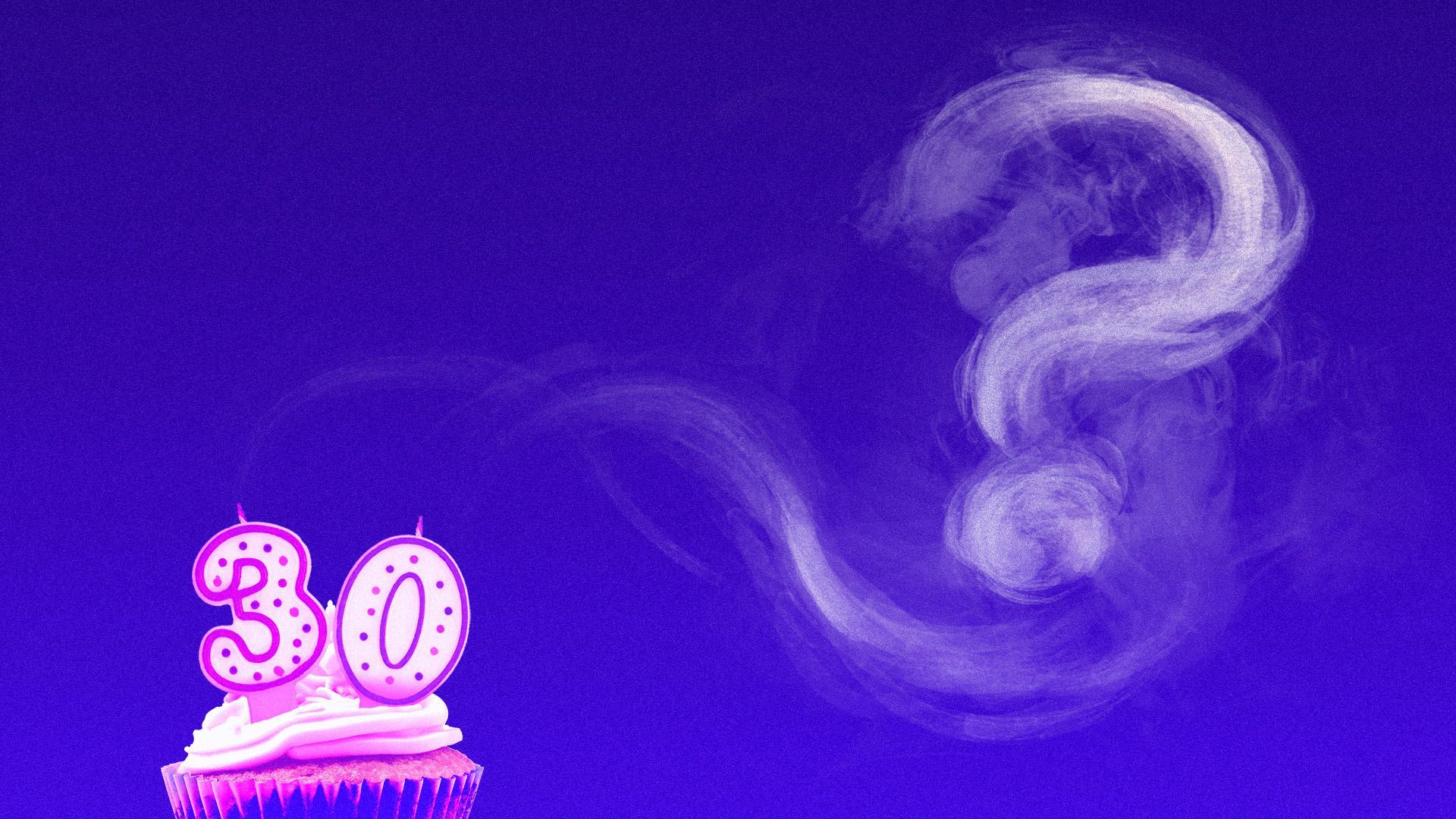 Illustration of a cupcake with candles in the shape of the number 30, with smoke forming a question mark.