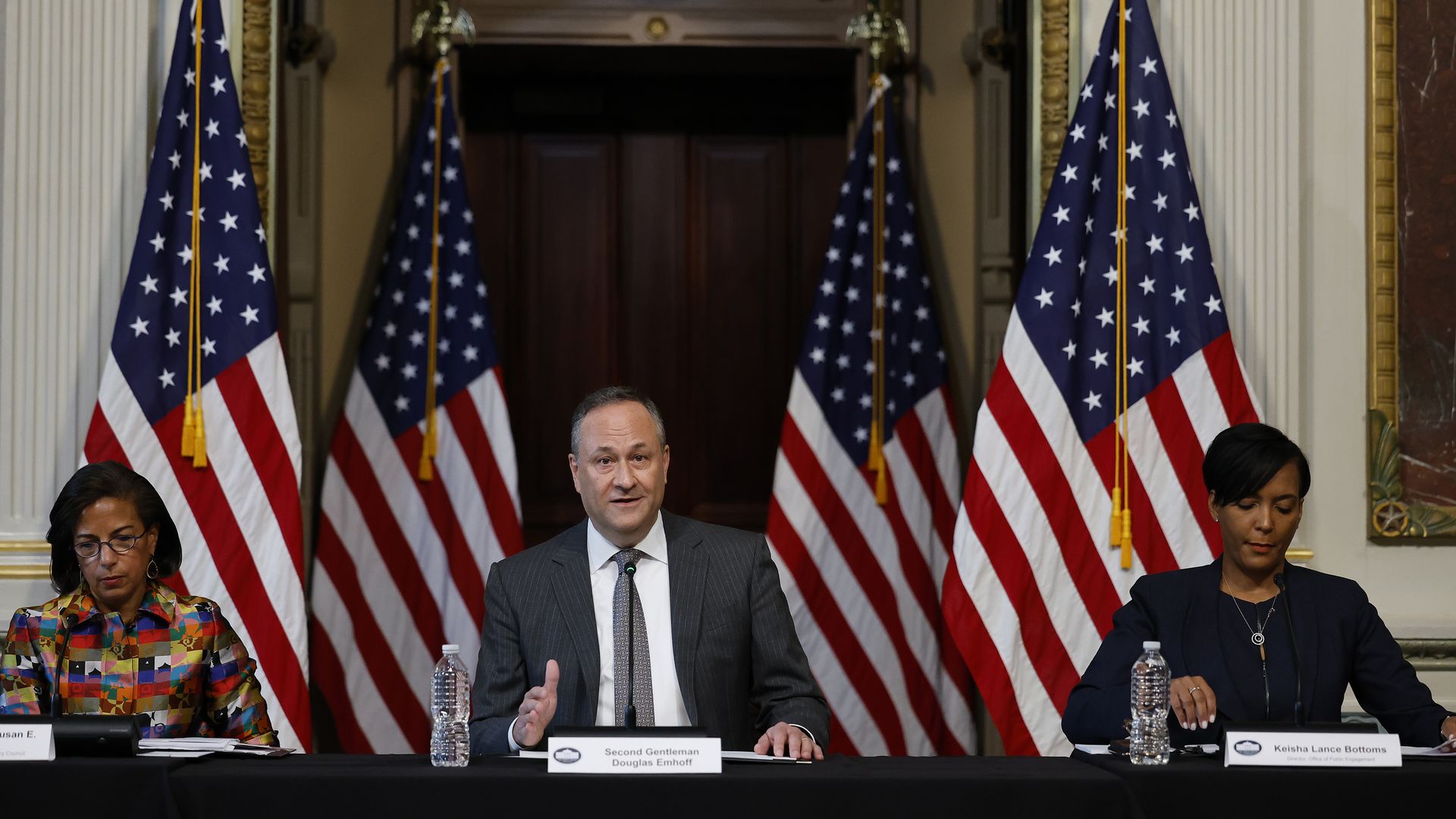 Second gentleman Douglas Emhoff (C), husband of Vice President Kamala Harris, delivers remarks during a roundtable about the rise of antisemitism.