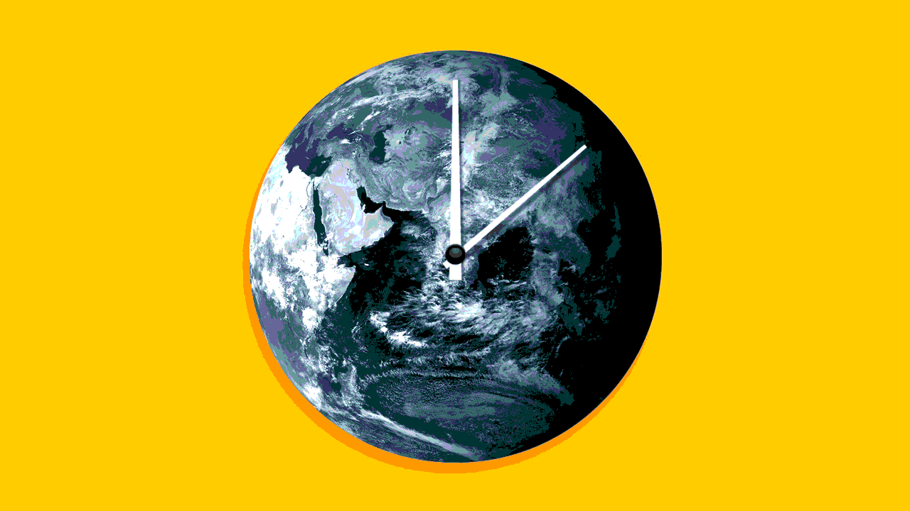 Animation illustration of earth with moving clock hands