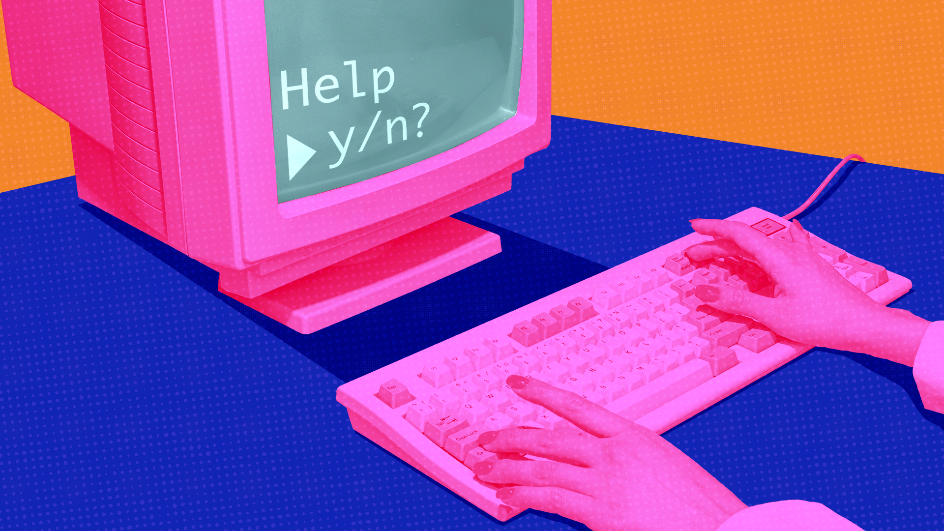 Animated gif of a person at a computer that reads "Help y/n" with a blinking arrow