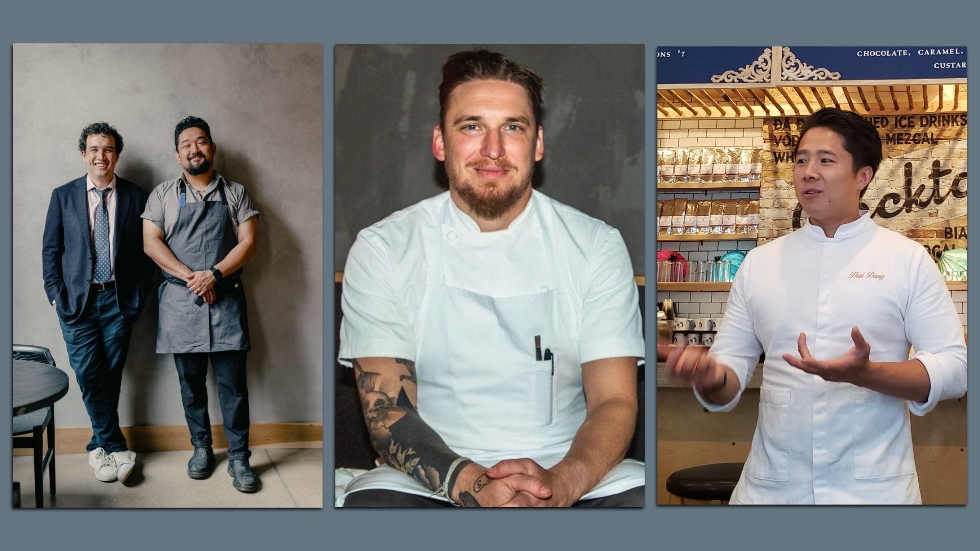 Photo of three photos merged into on image of various chefs. 