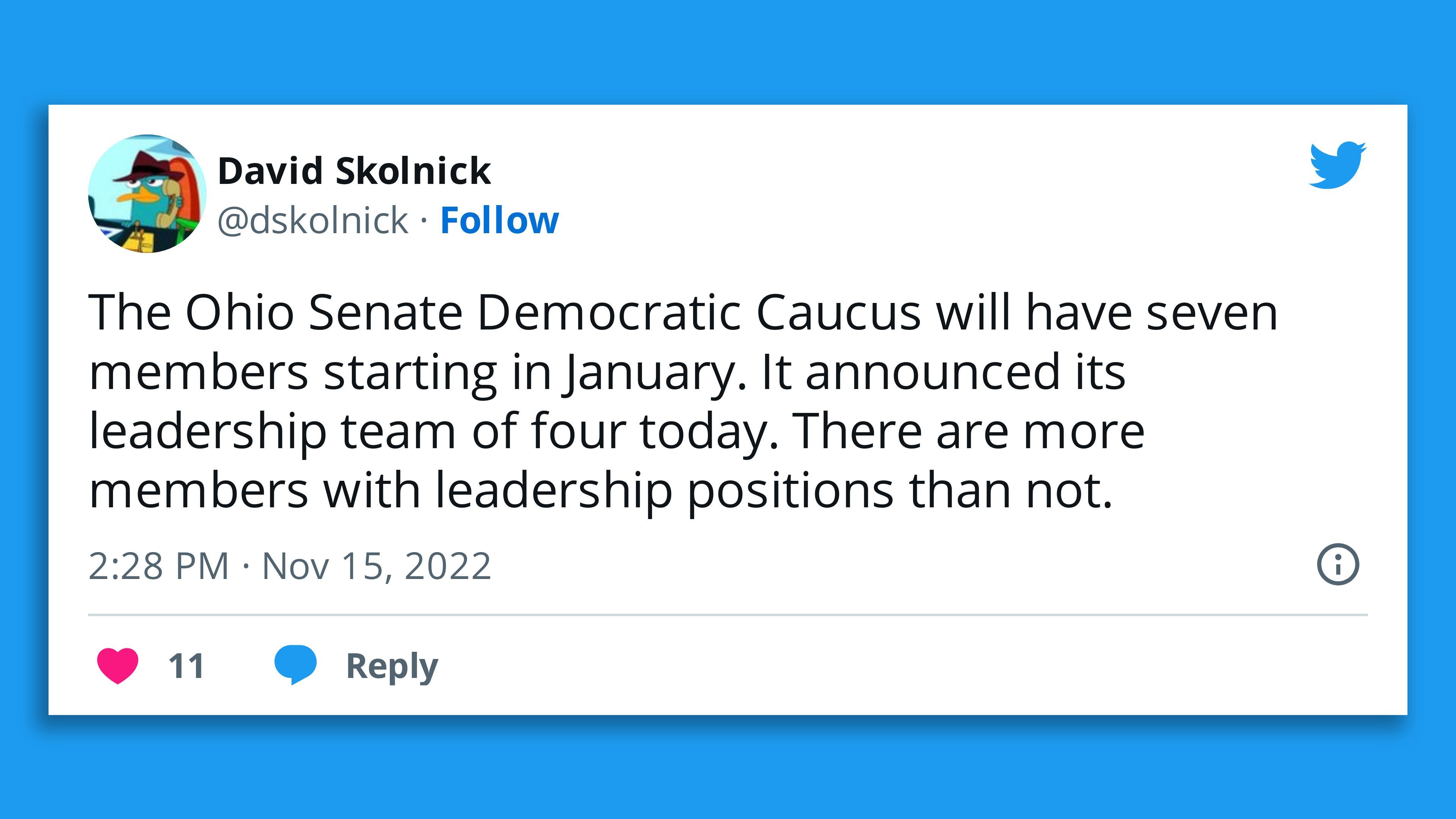 A tweet reading, "The Ohio Senate Democratic Caucus will have seven members starting in January. It announced its leadership team of four today..."