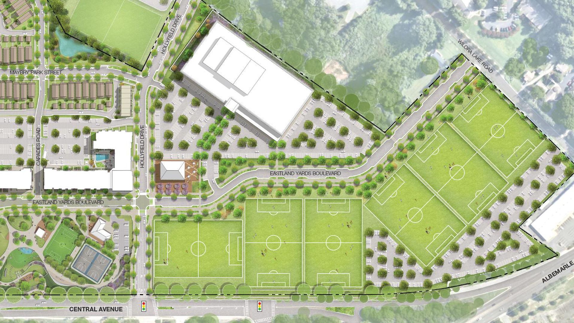 Birds eye rendering view of soccer fields