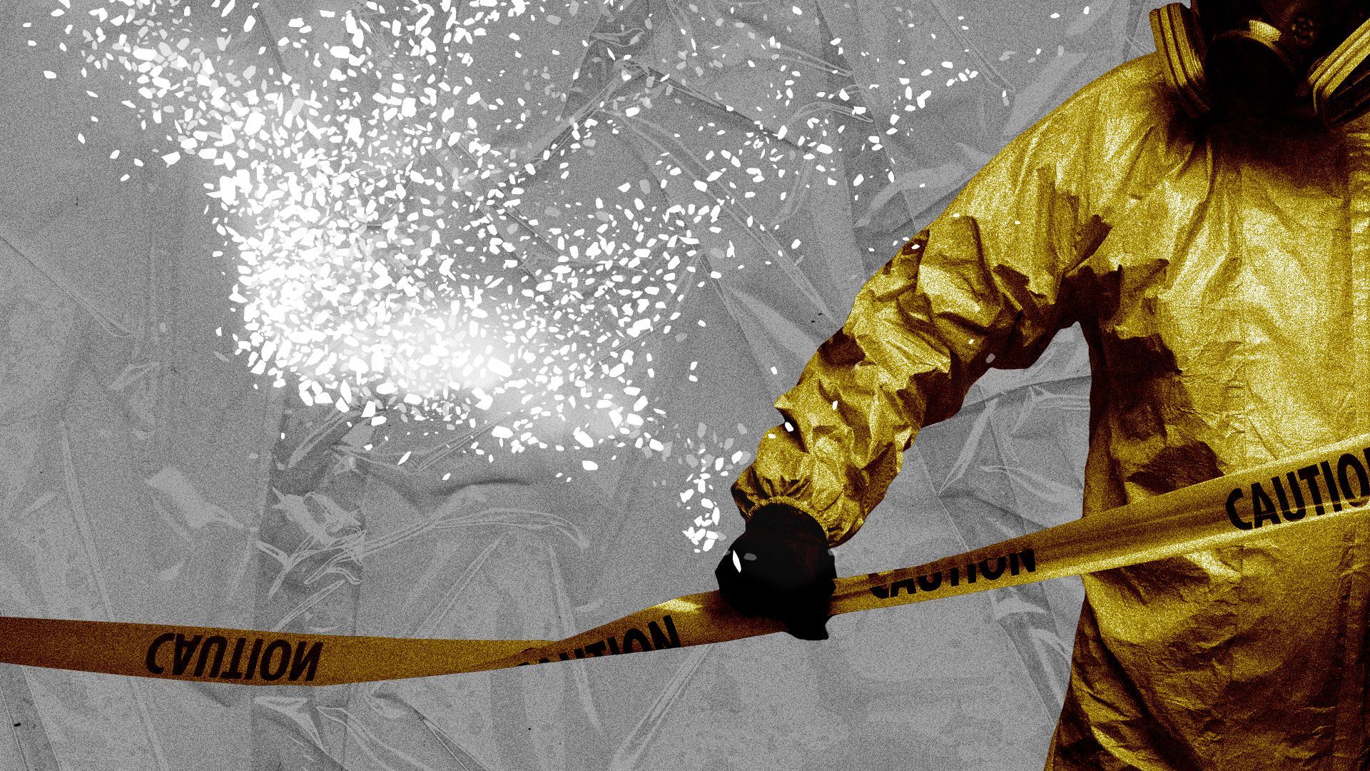 Photo illustration of a person in a hazmat suit holding caution tape in front of an abstract background of crystal particles.
