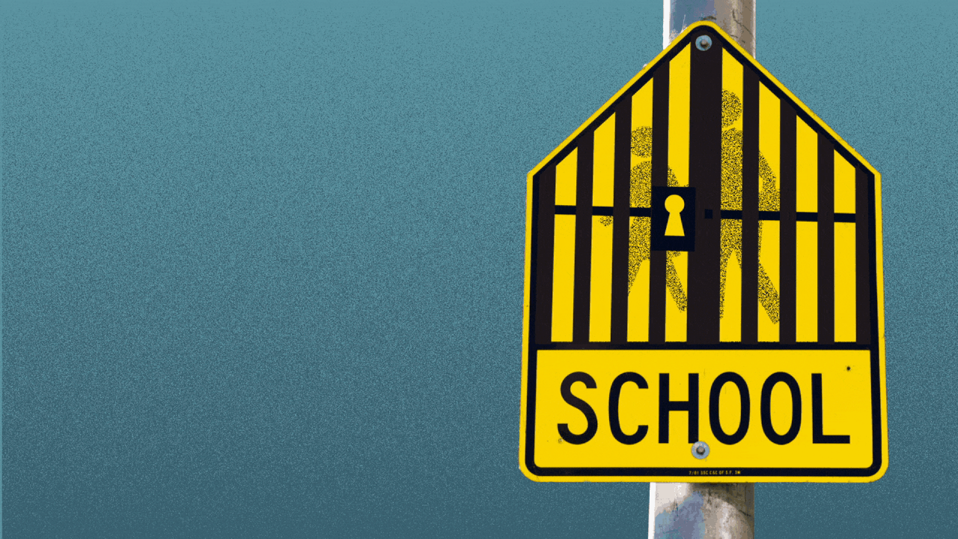 Illustration of a school zone sign with opening jail doors over it.
