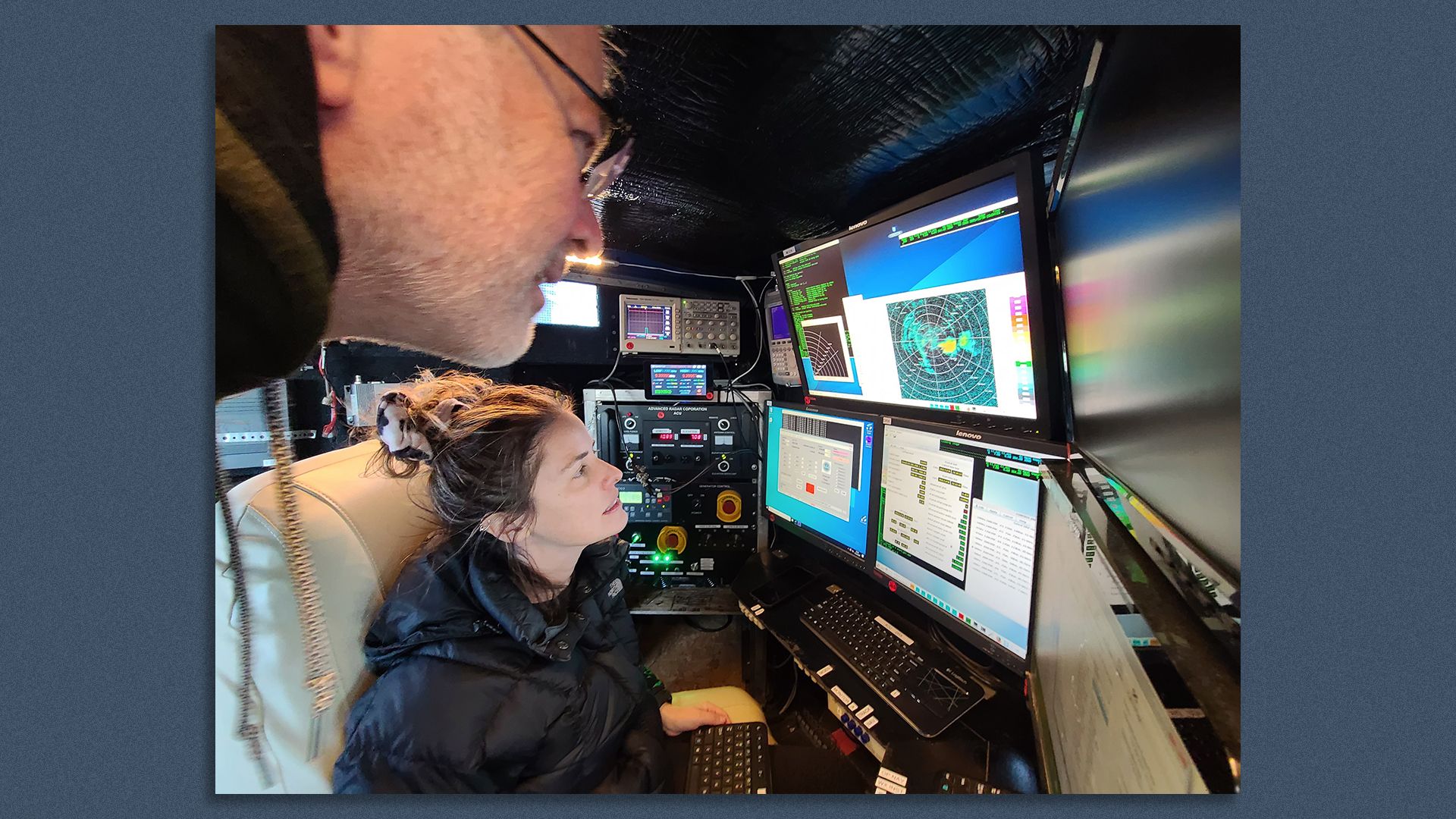 Josh Wurman and Karen Kosiba study the Marshall Fire using Doppler radar on Dec. 30, 2021.