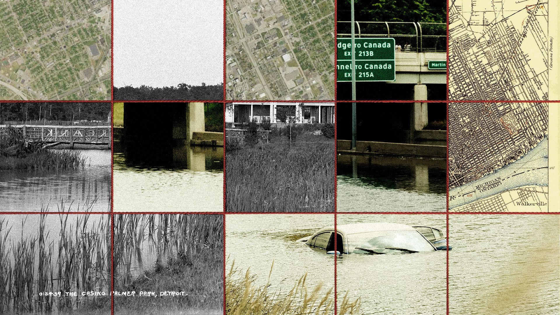 Photo illustration of an archival photo of Detroit, a photograph of a 2021 flood i n Detroit, and maps arranged in a grid under red string.