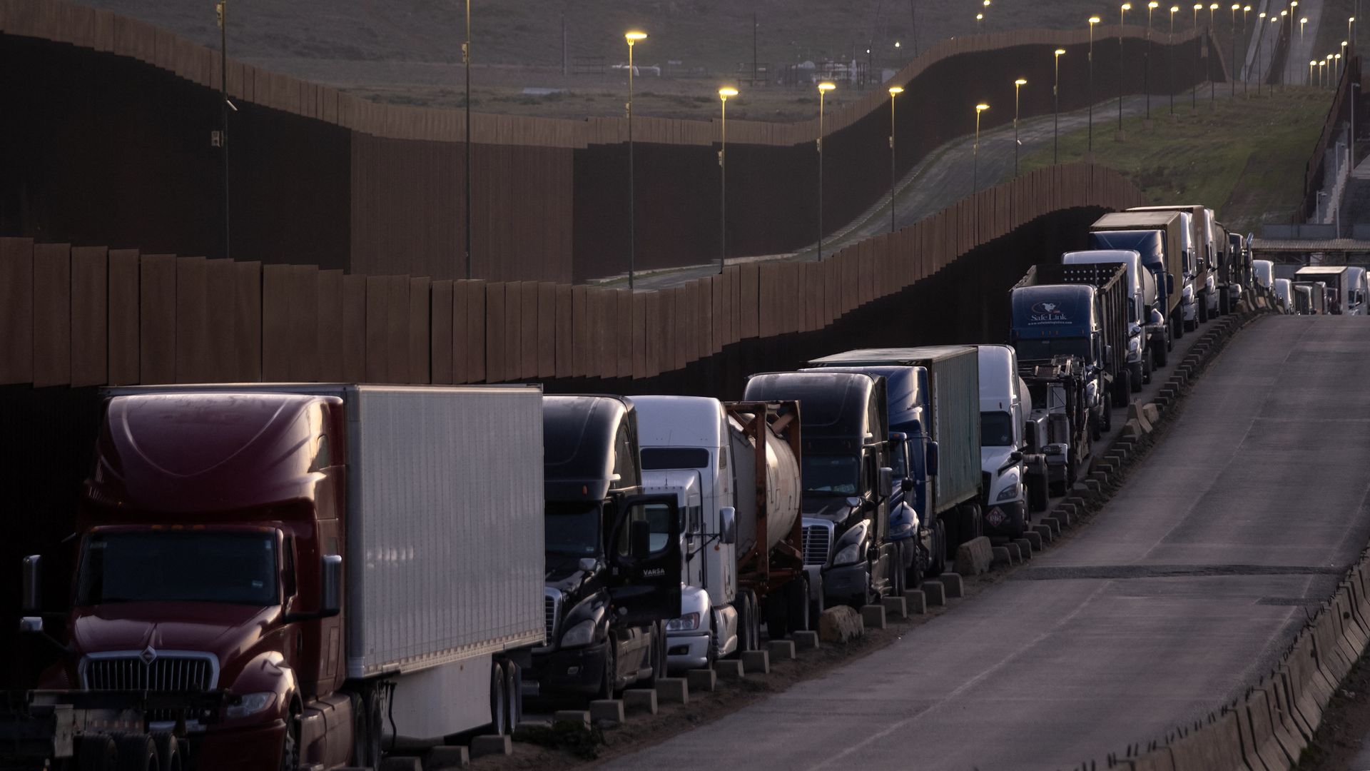 Trucks queue at the US-Mexico border