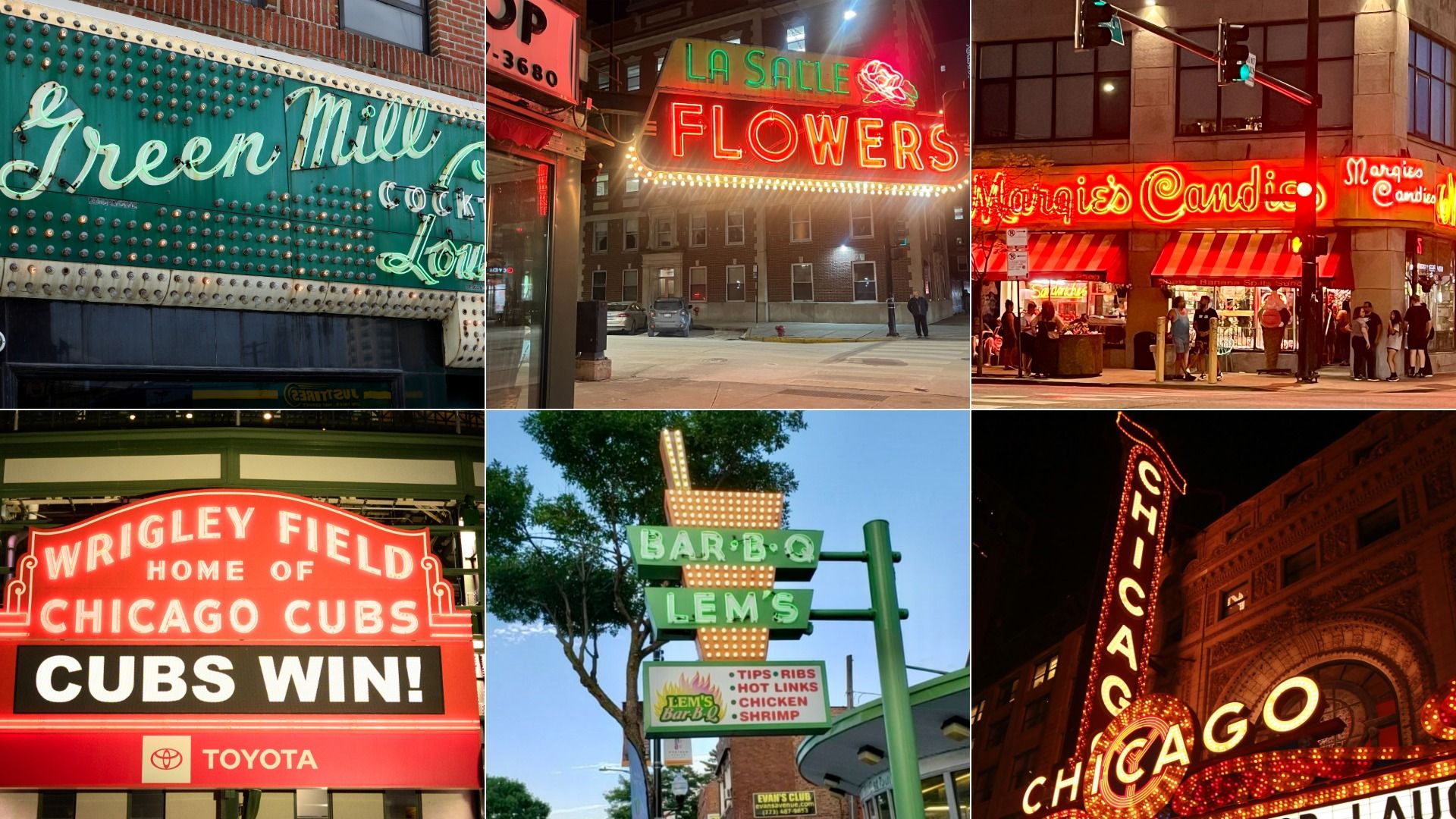 Collage of six vibrant neon signs in Chicago: Green Mill Cocktail Lounge, La Salle Flowers, Margie's Candies, Wrigley Field Cubs Win, Lem's Bar-B-Q, and the iconic Chicago Theater marquee at night.