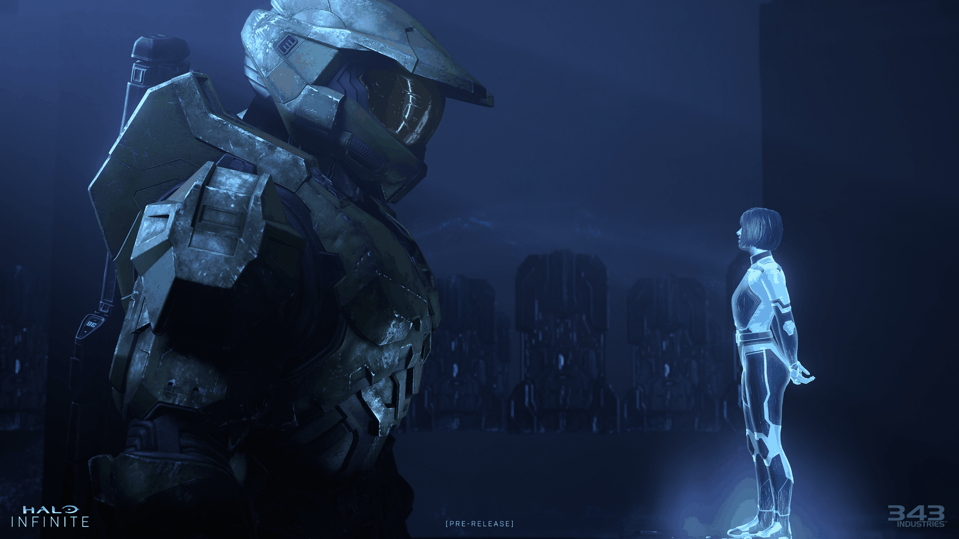 Video game trailer still showing a man in armor looking at a computer-generated woman