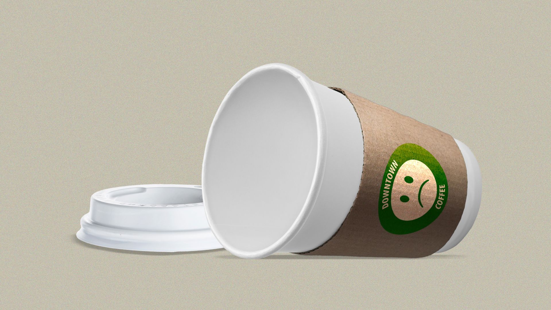 Illustration of an overturned, empty coffee cup, with a sad face and the words "Downtown Coffee" on it.