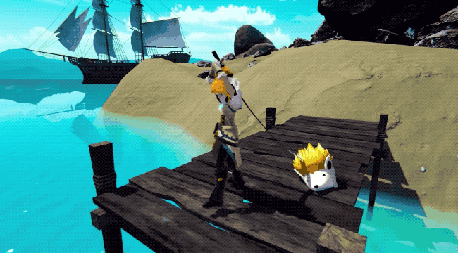 Gif of a blonde fisher hauling their fishing line into a blue lake in the animated game Palworld