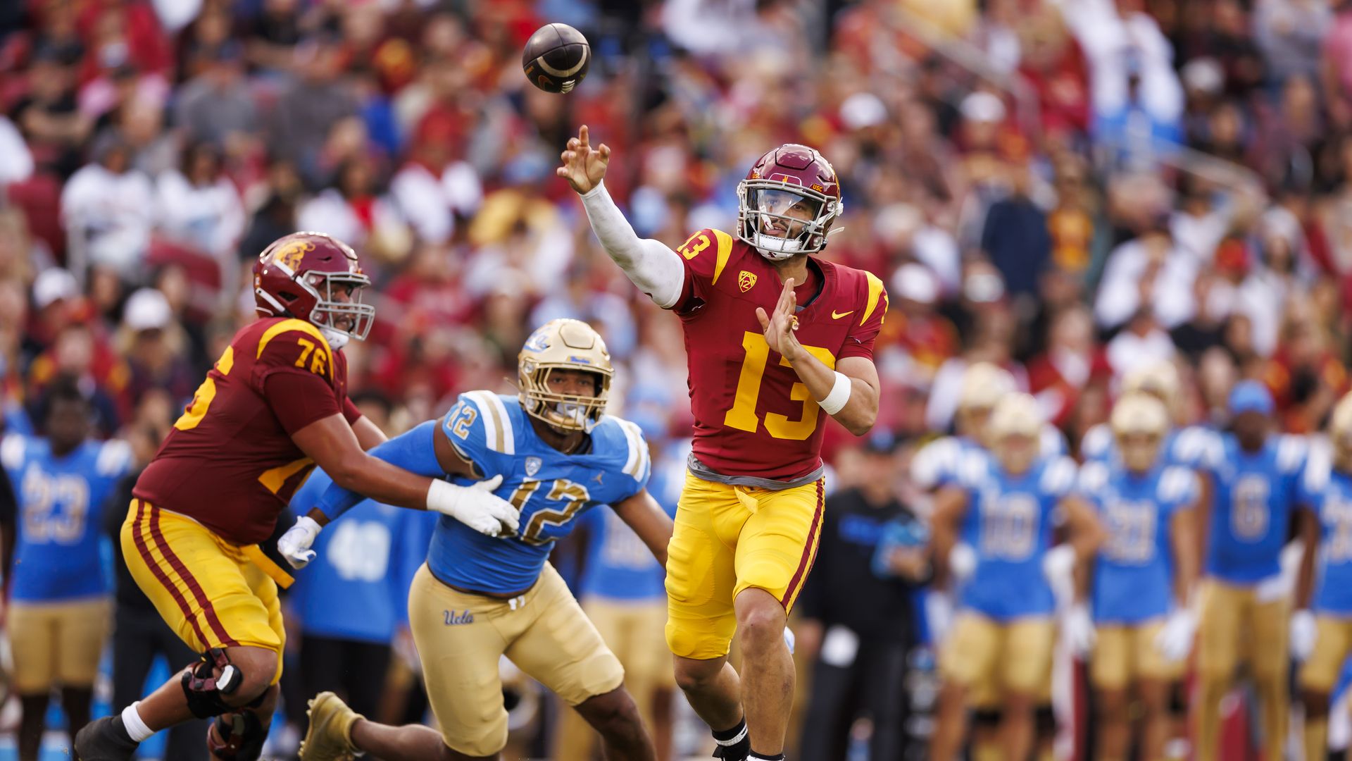 Caleb Williams looks to pass in USC's game against UCLA in November. 
