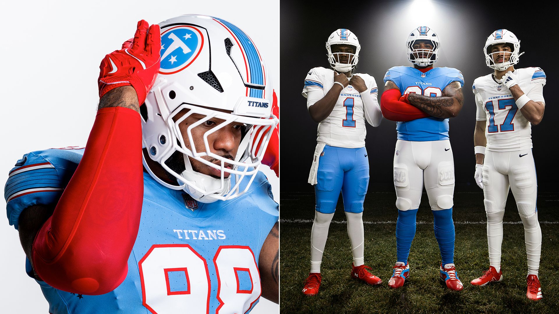 Split image of Tennessee Titans players: left close-up of a helmeted player in a light-blue jersey and red gloves; right three players in white and blue uniforms stand on dark field under spotlights.