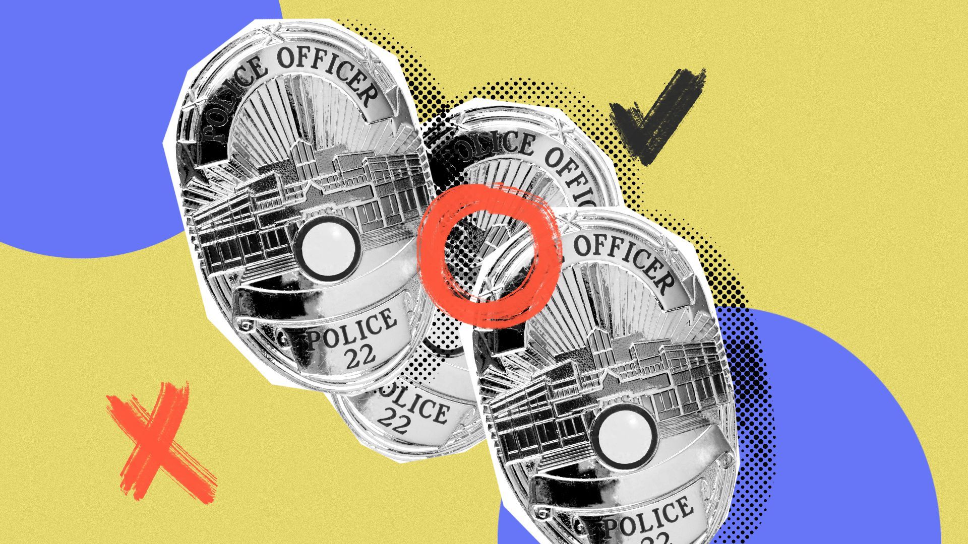 Illustration of three overlapping police badges, oriented differently, with marks around the badges