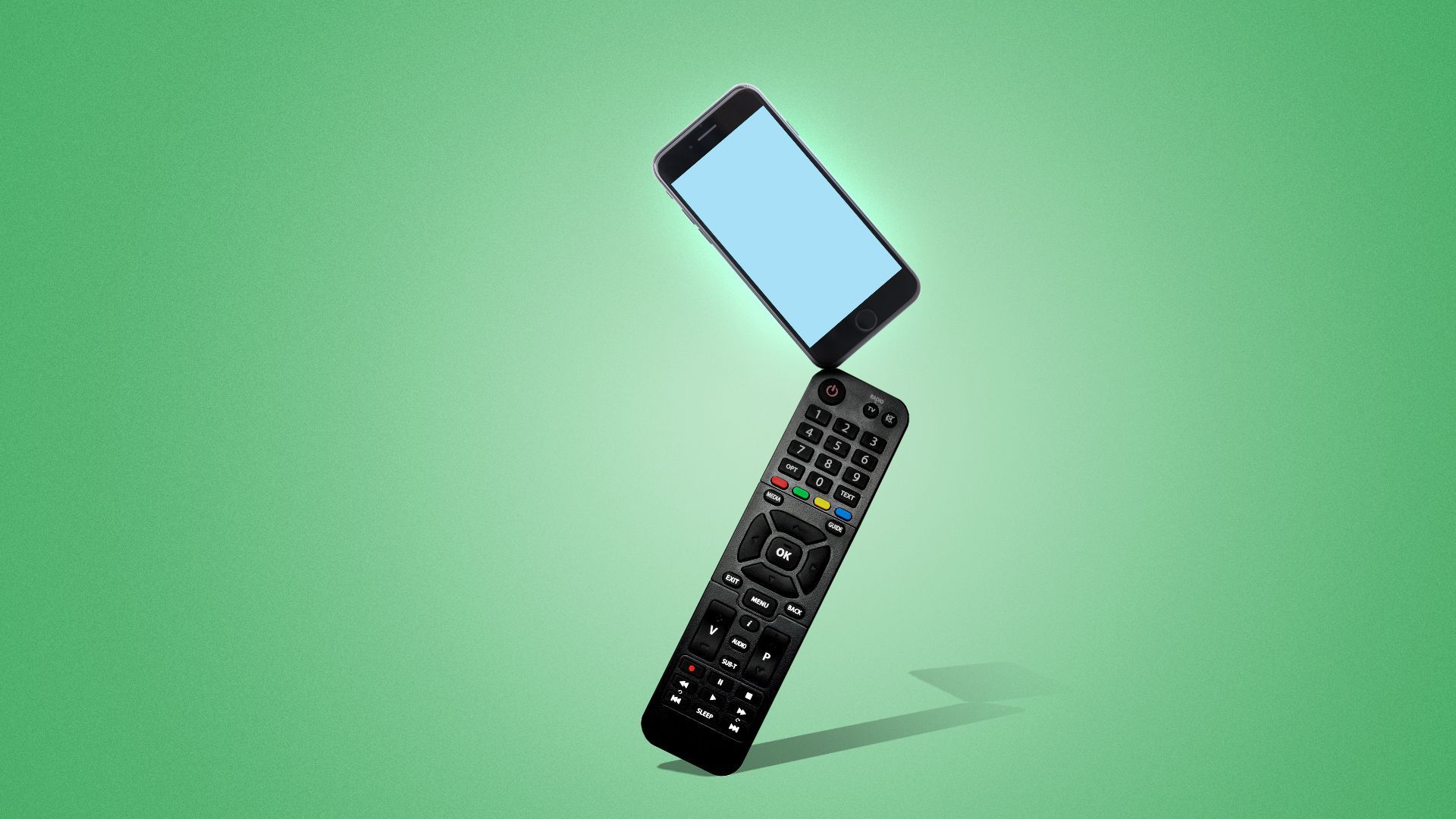 Illustration of a cell phone and a remote control balancing like a cairn.
