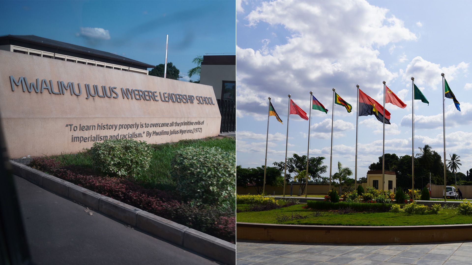 A photo collage showing the gated entrance to the school with the school’s name on it and a photo of the 8 flags flying in front of the school.
