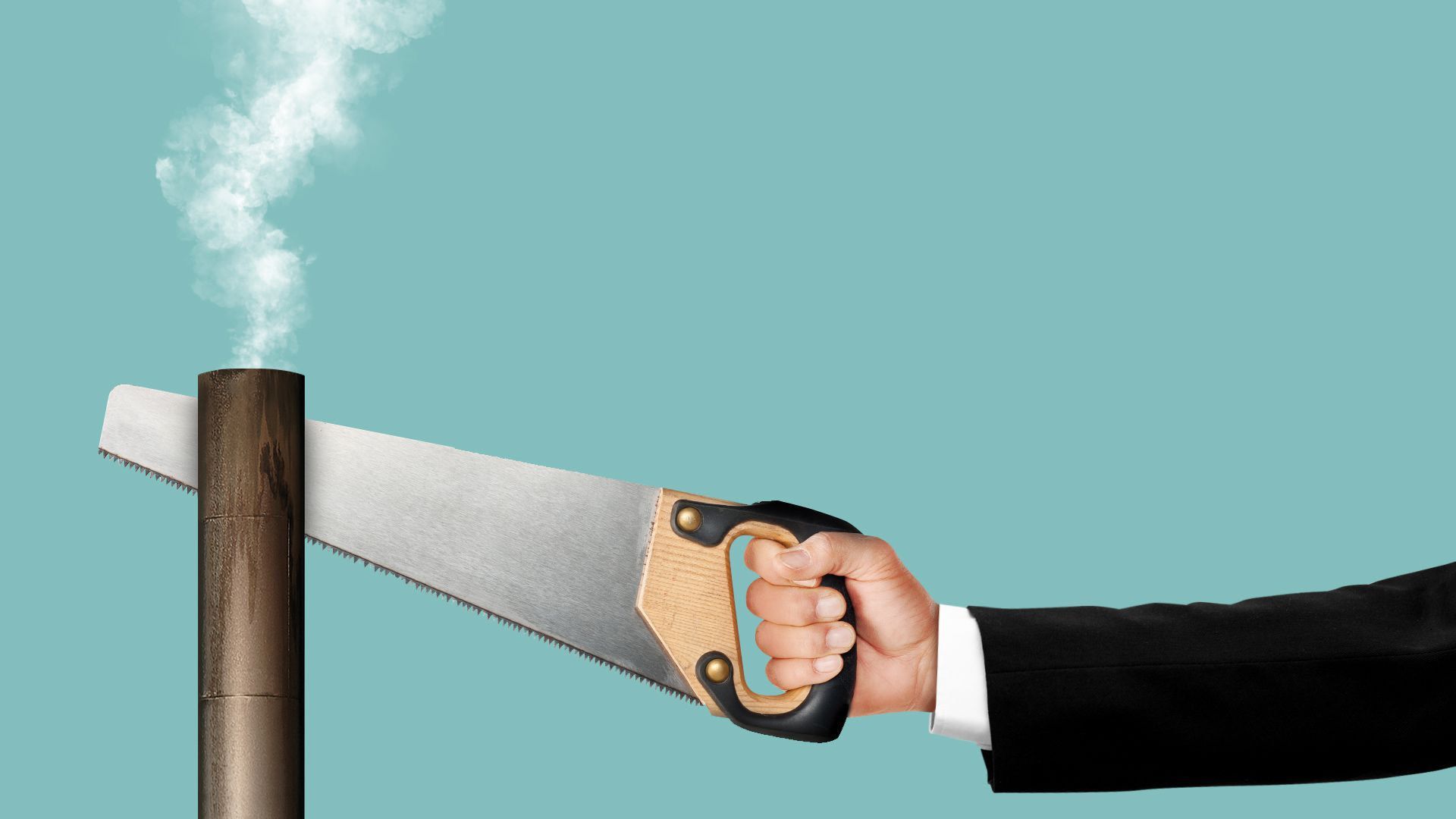 Illustration of a person in a suit sawing a pipe emitting gas.