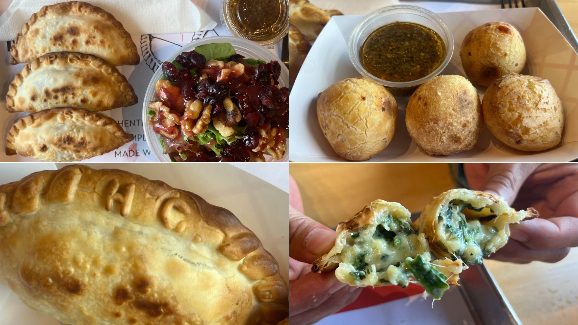 Collage of baked goods: three golden empanadas next to a greens salad with dried cranberries and walnuts; four balls of chipa bread with chimichurri dip; a large empanada stamped HC; and a spinach and cheese empanada being pulled apart.