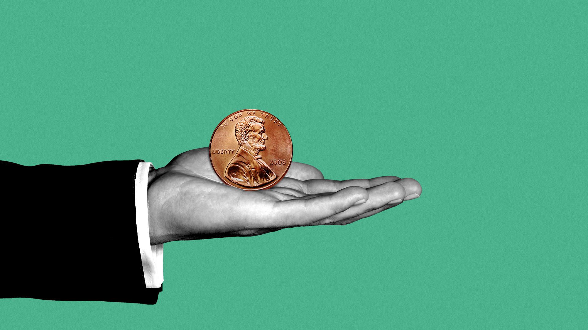 Illustration of suited hand holding a penny.