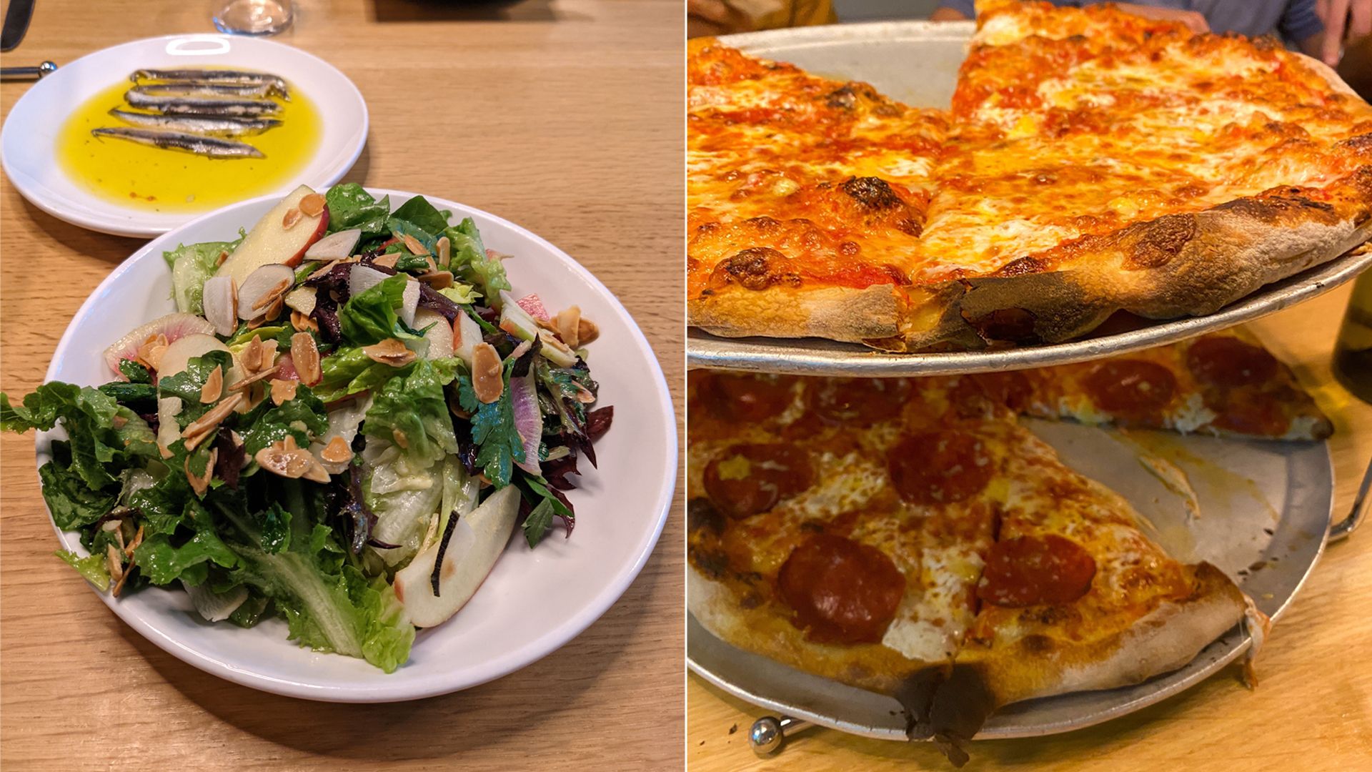 On the left, Cantabrian anchovies and a salad with fresh vegetigable; on the right, two pizza pies from Pizzeria Beddia in Fishtown.