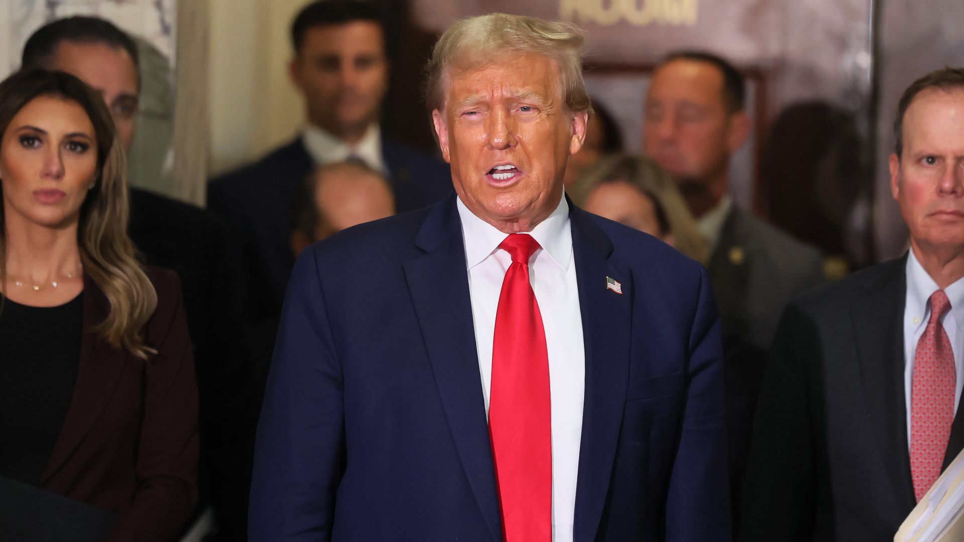 Former President Donald Trump speaks during a break in his civil fraud trial at New York State Supreme Court on October 17, 2023 in New York City