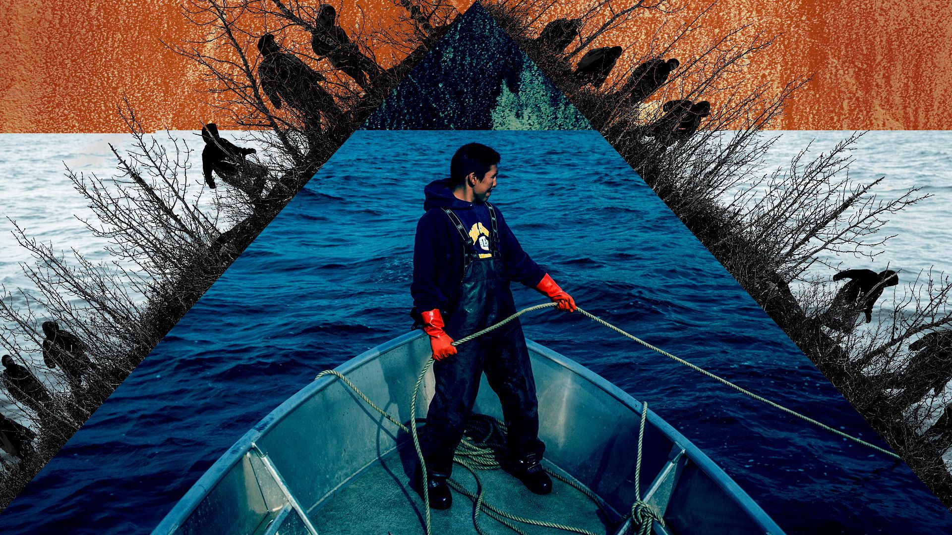 Photo illustration of coastal Alaska Native fishermen and caribou hunters. 