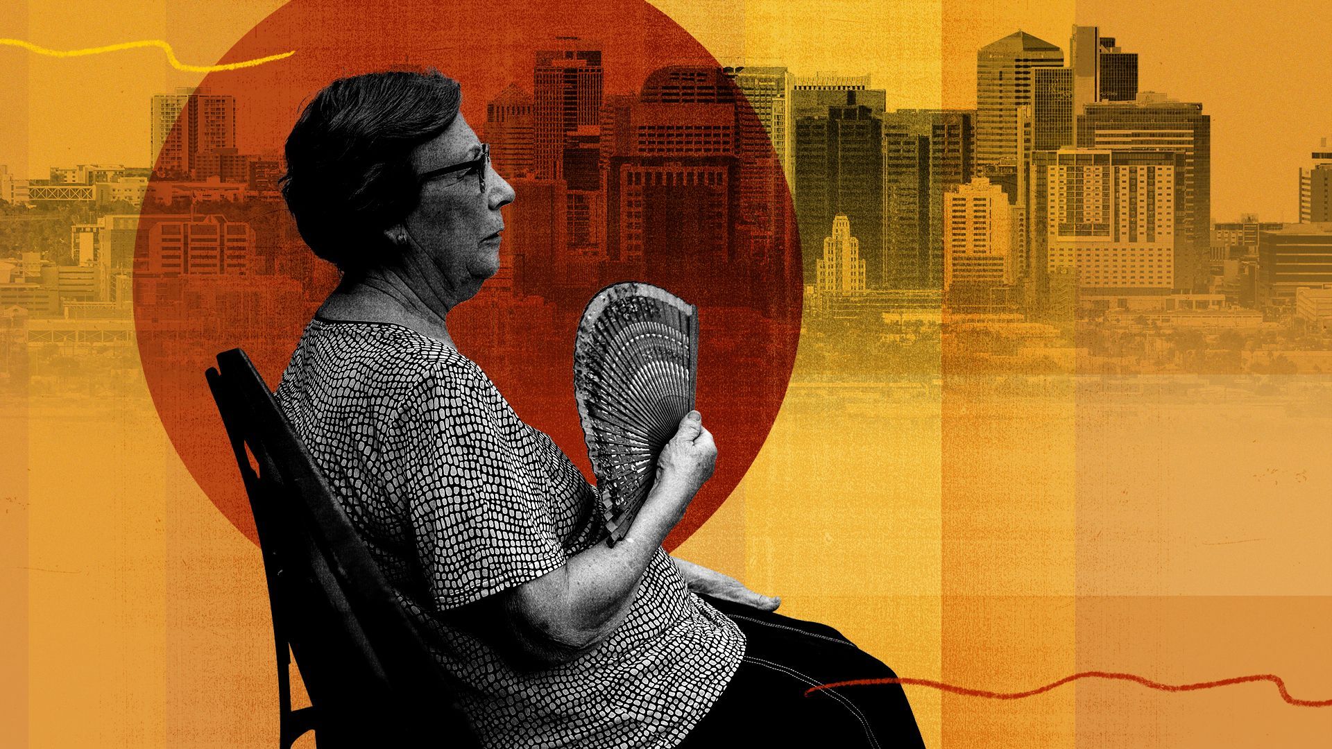 Photo illustration of an elderly woman fanning herself with a fan, and the Phoenix skyline in the background.