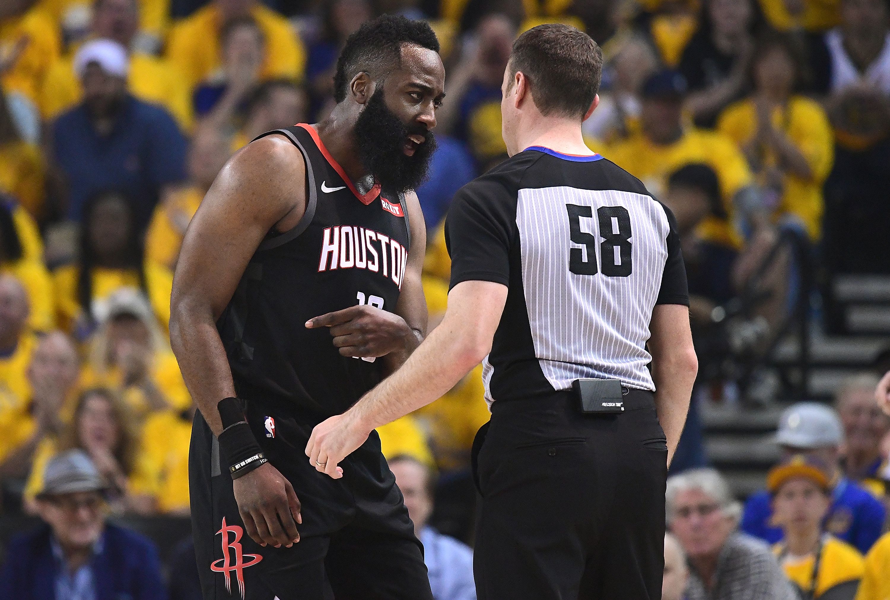 James Harden talking to a ref