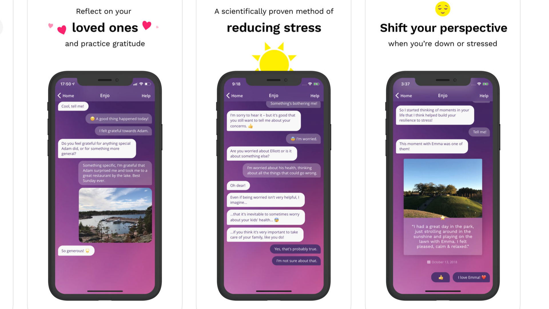 Screenshots of Enjo, a chatbot for parents