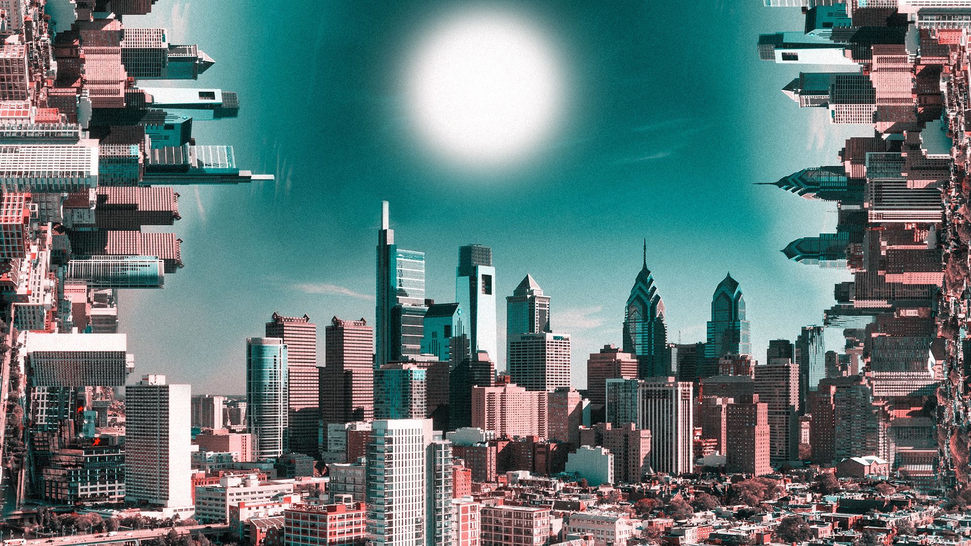 Illustration of a kaleidoscope-style Philadelphia skyline.