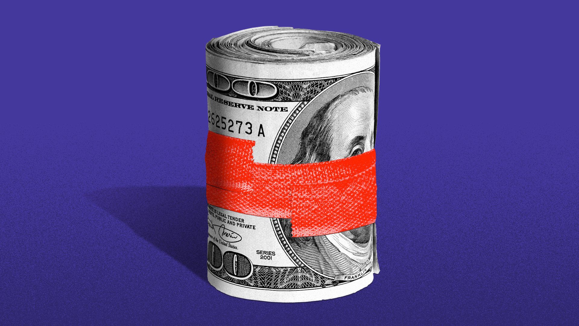 Illustration of a roll of cash held together with red tape.