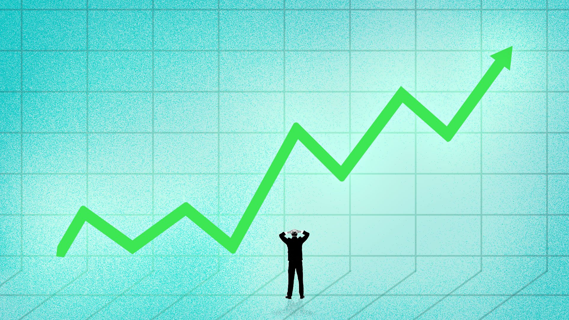 Illustration of a man looking exasperated at a glowing upward trend line.
