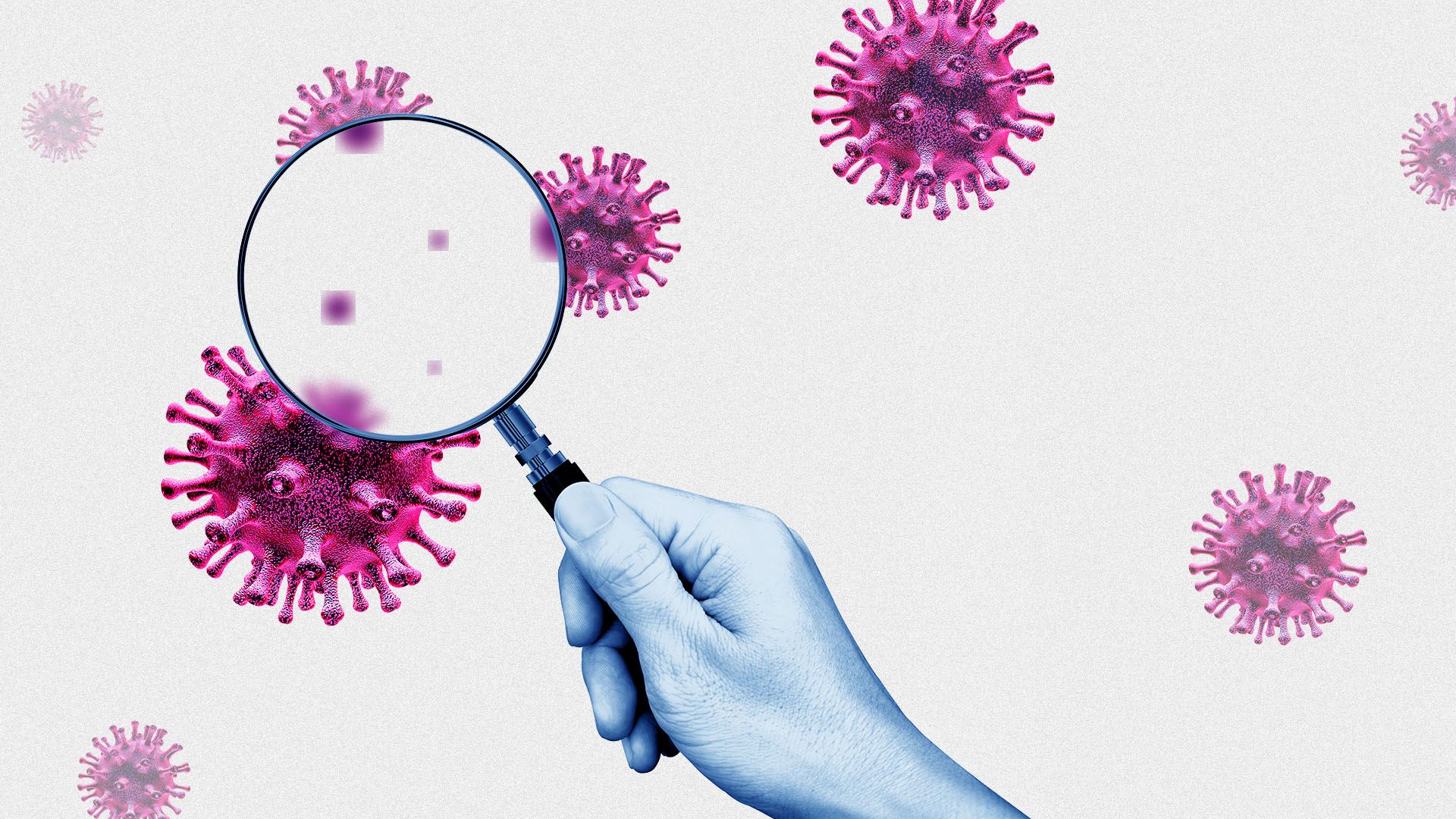 Illustration of viruses under a magnifying glass that appear smaller and more blurry