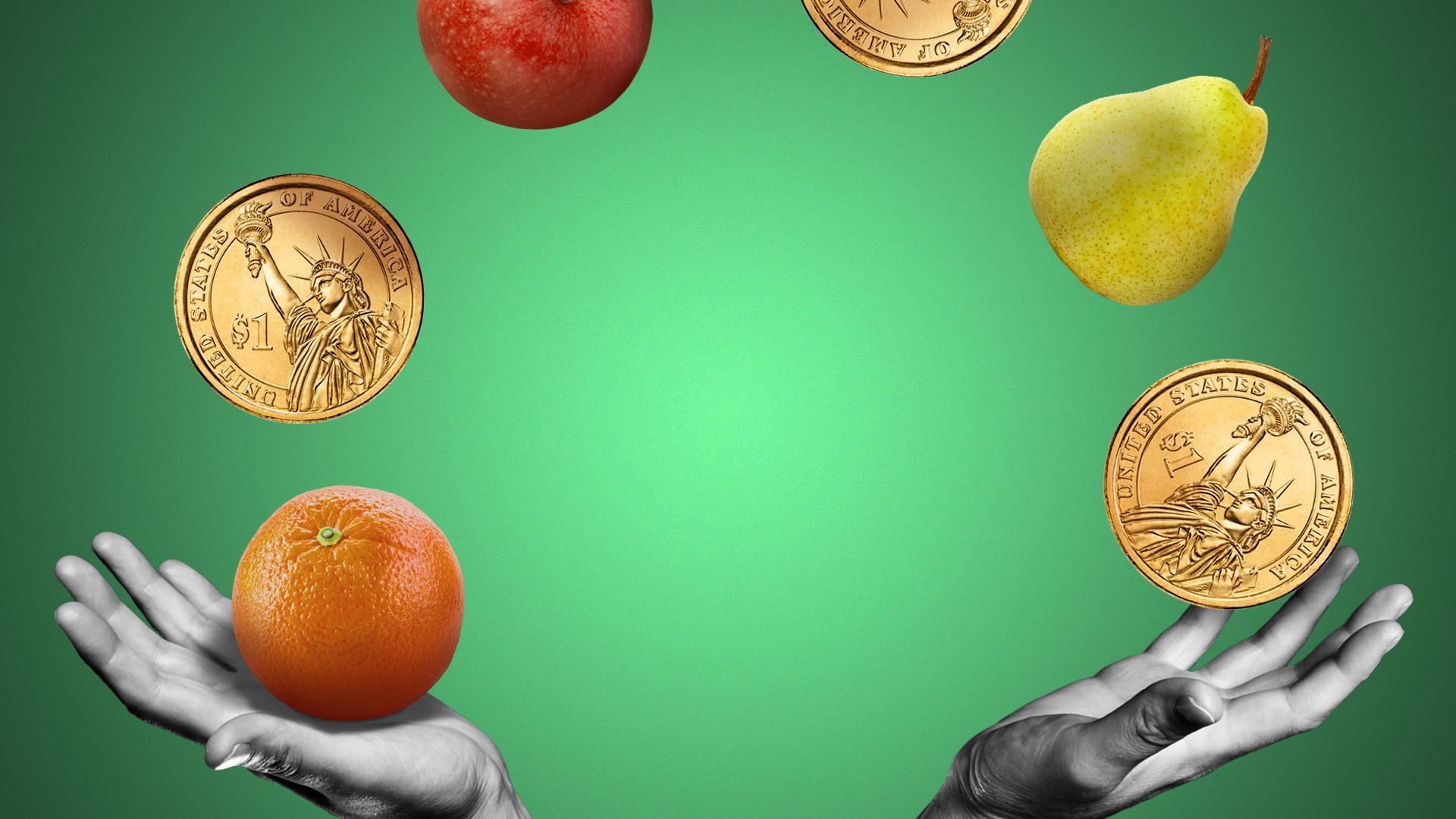 Illustration hands juggling fruit and gold coins.