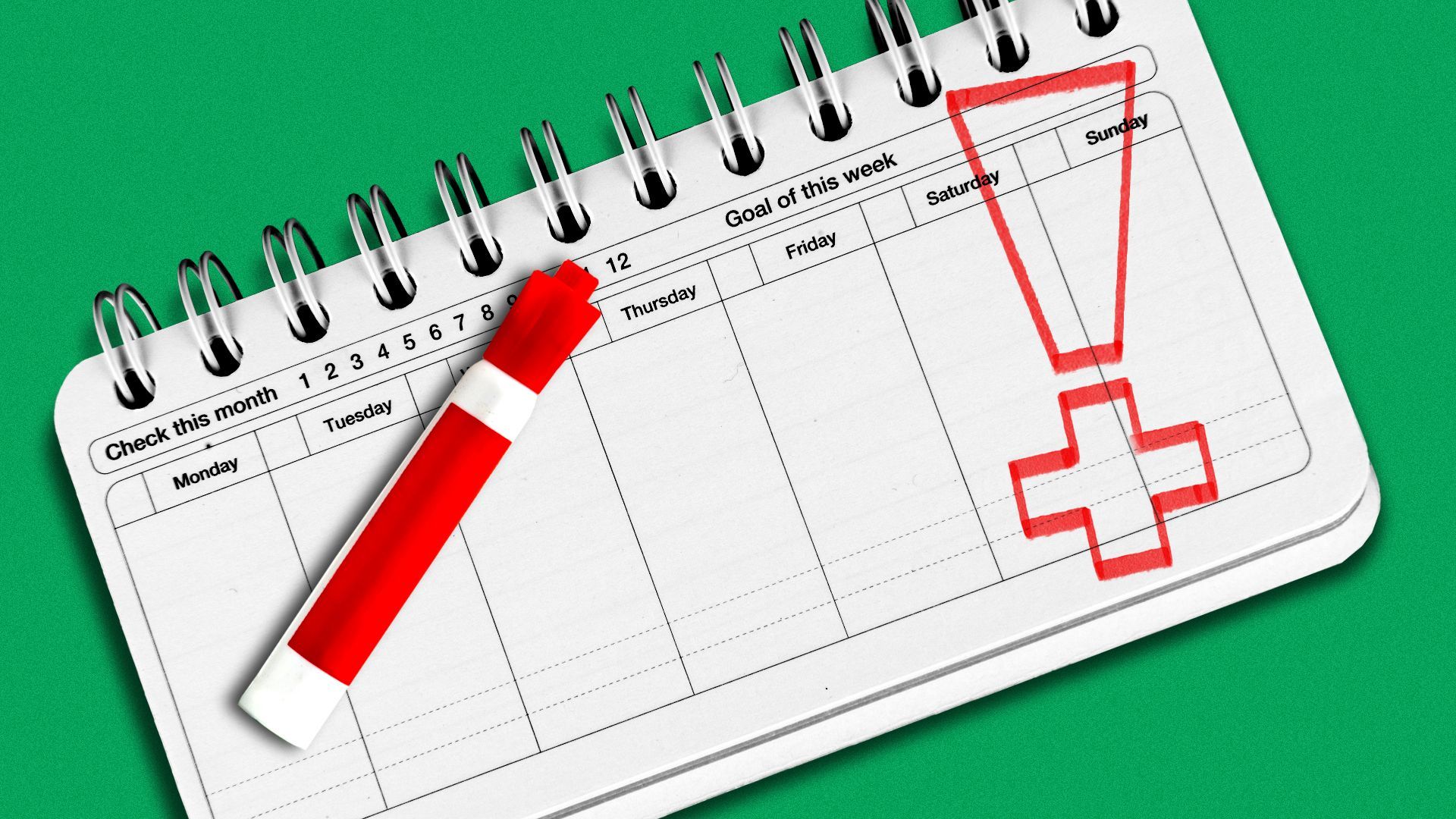Illustration of a weekly calendar with an exclamation point shaped like a medical red cross drawn on with a red marker 